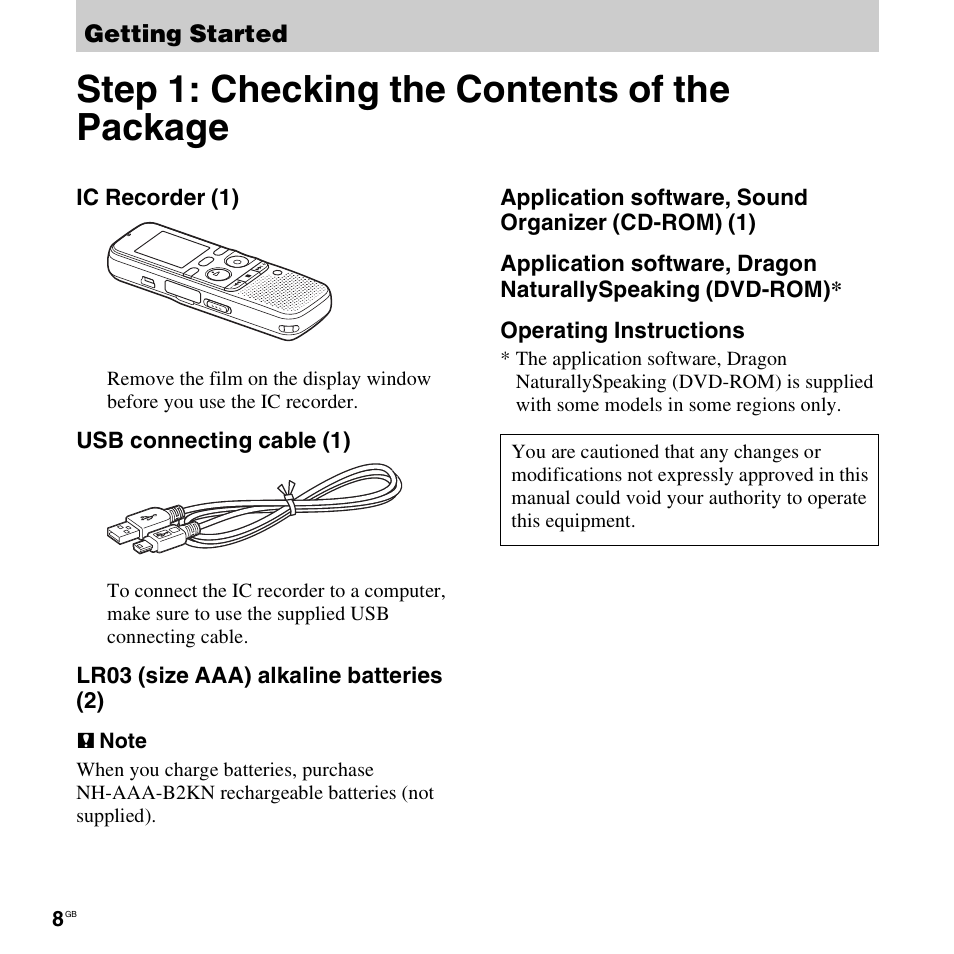 Getting started, Step 1: checking the contents of the package | Sony ICD-PX312D User Manual | Page 8 / 132