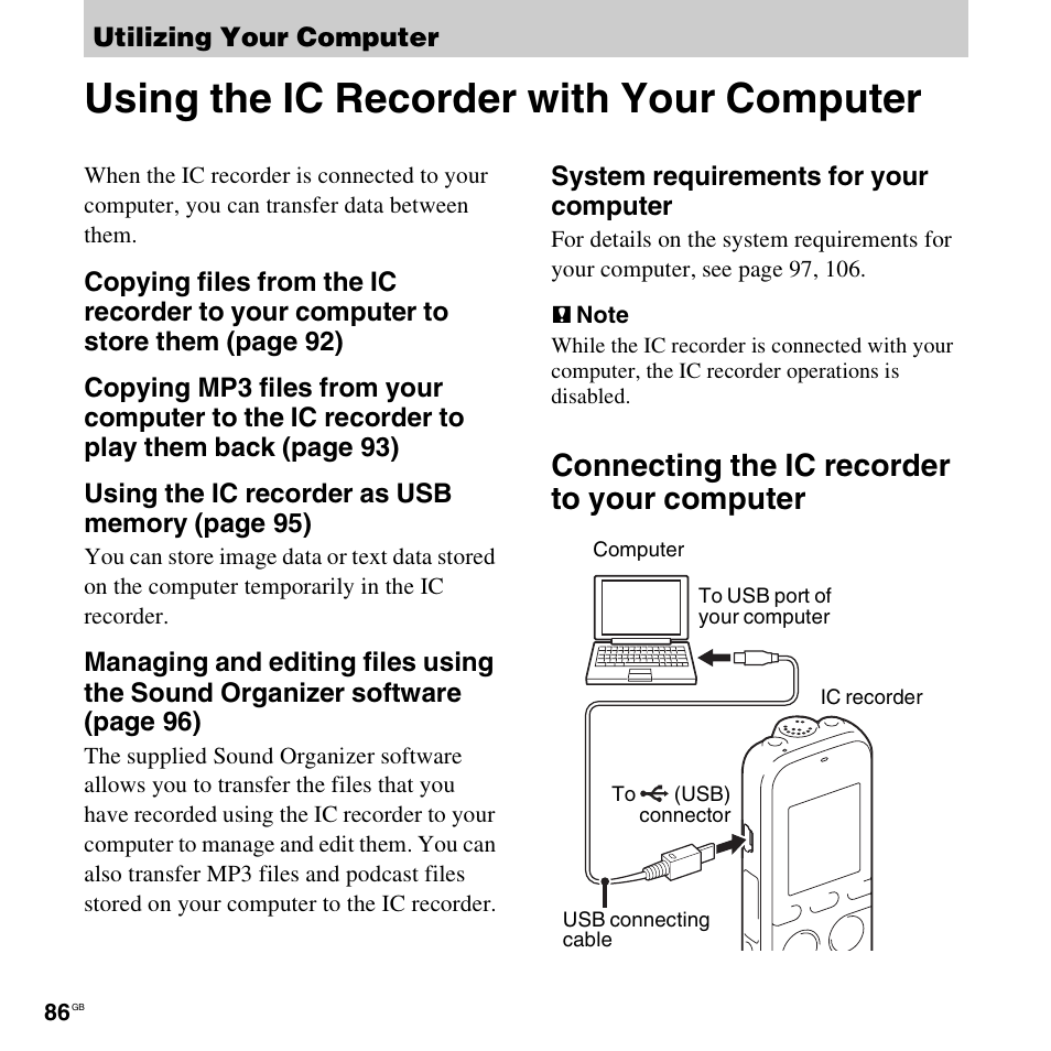 Utilizing your computer, Using the ic recorder with your computer, Connecting the ic recorder to your computer | Sony ICD-PX312D User Manual | Page 86 / 132