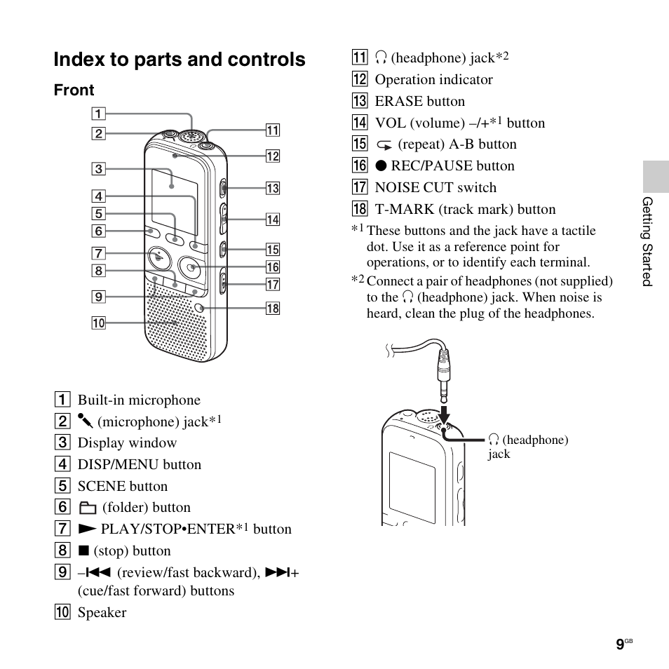 Index to parts and controls | Sony ICD-PX312D User Manual | Page 9 / 132