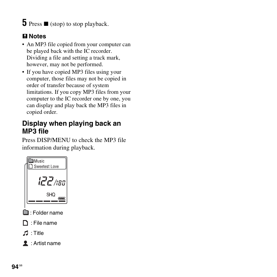 Display when playing back an mp3 file | Sony ICD-PX312D User Manual | Page 94 / 132