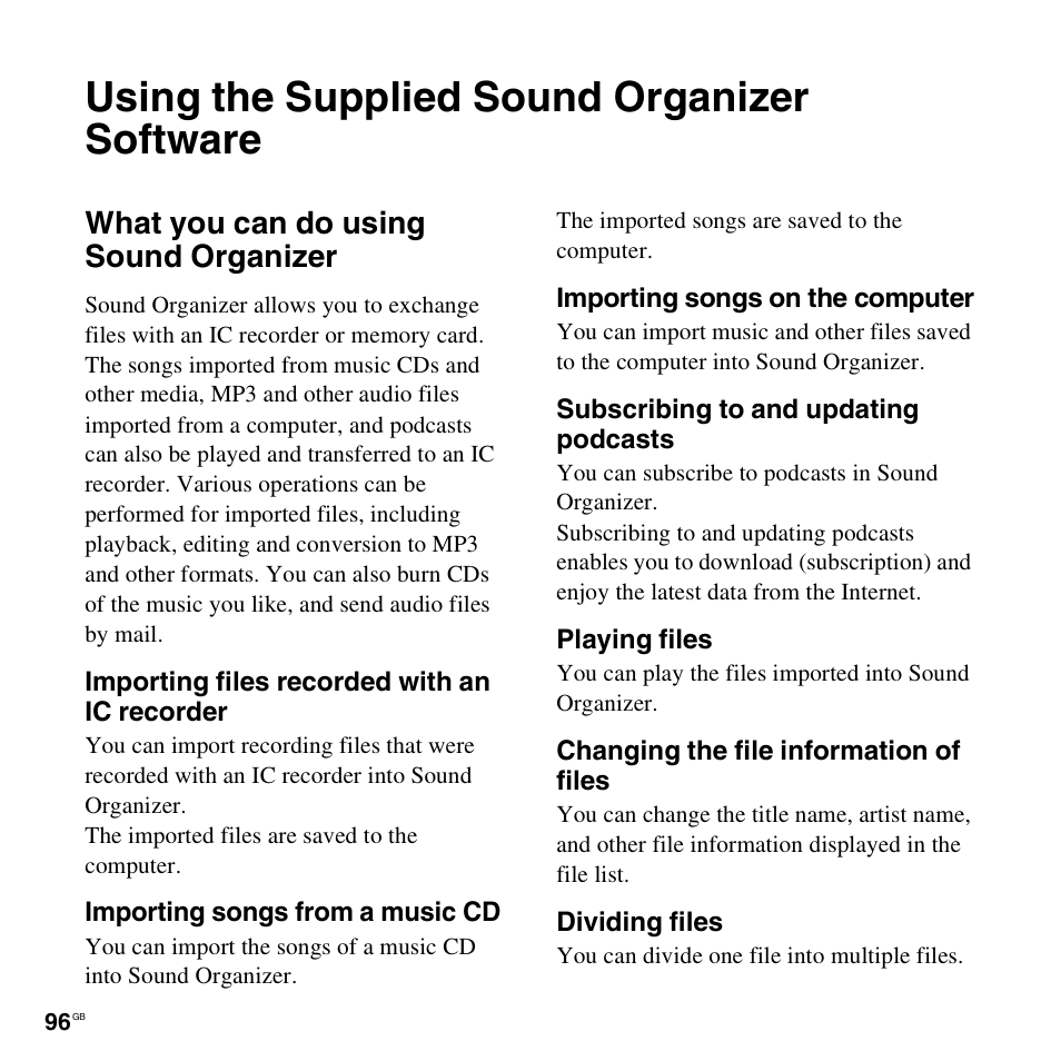 Using the supplied sound organizer software, What you can do using sound organizer | Sony ICD-PX312D User Manual | Page 96 / 132