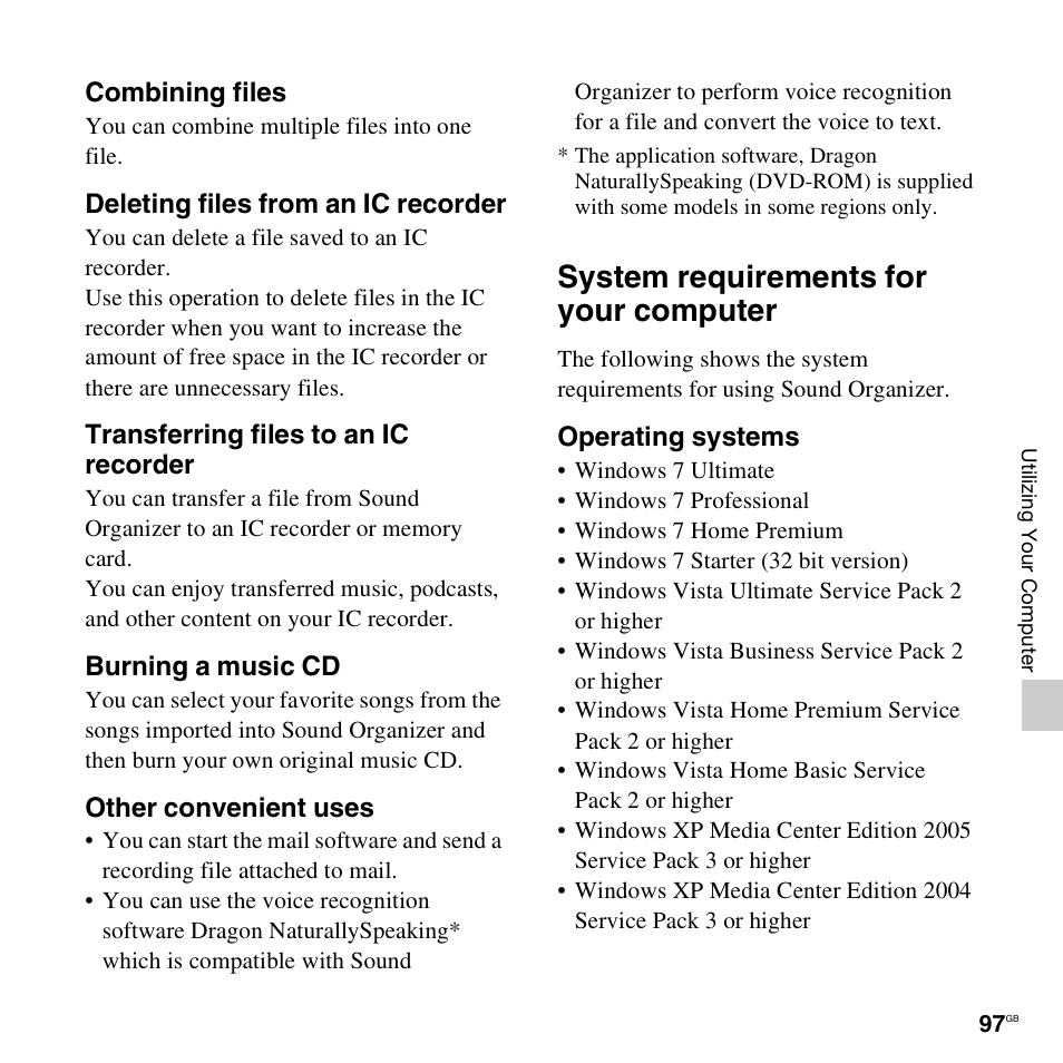 System requirements for your computer | Sony ICD-PX312D User Manual | Page 97 / 132