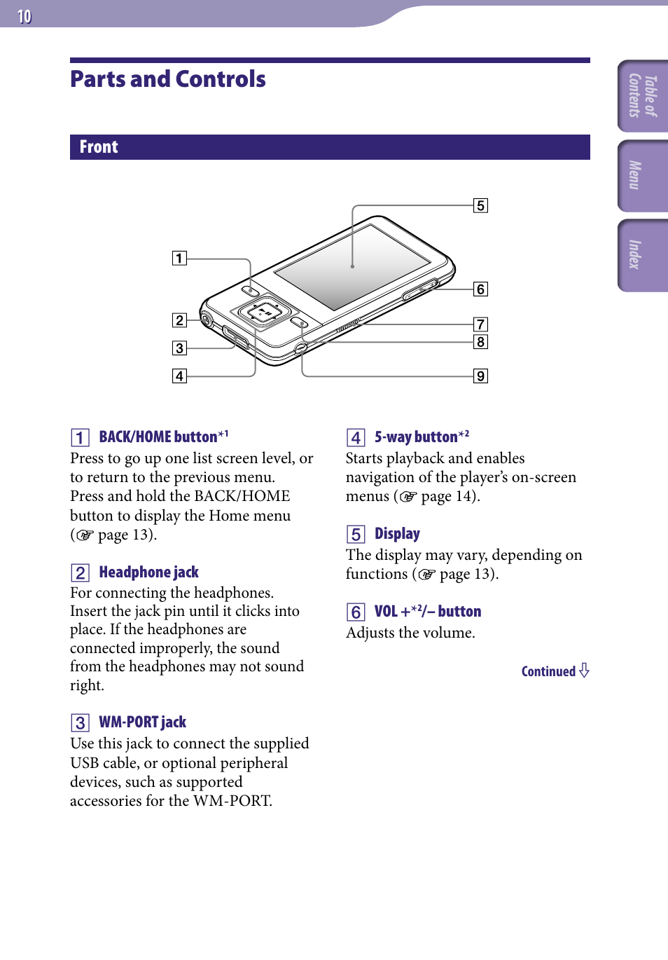Parts and controls, Front | Sony NWZ-A729BLK User Manual | Page 10 / 133