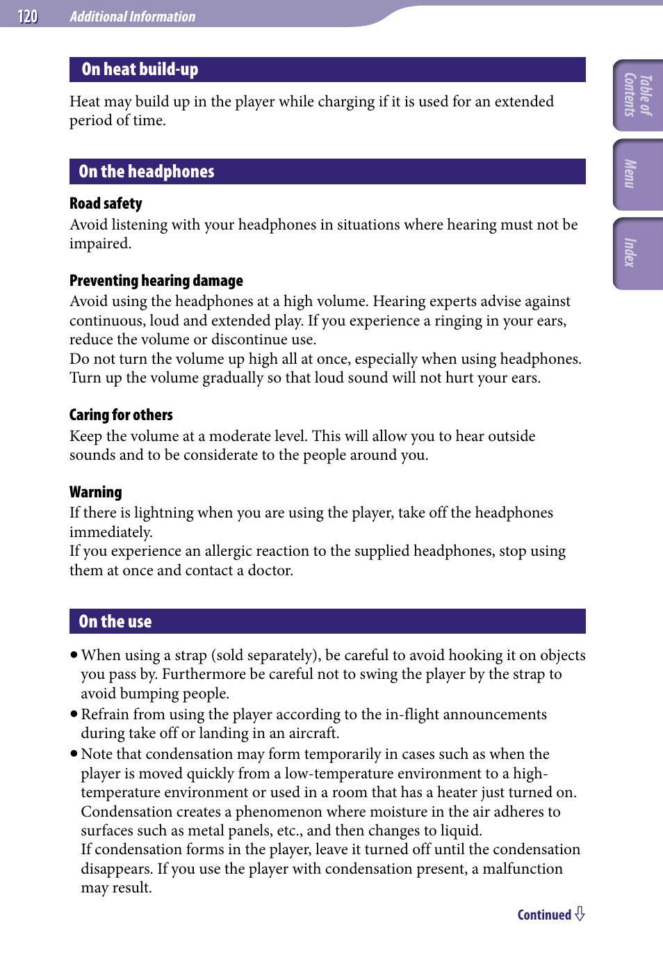 On heat build‑up, On the headphones, On the use | Sony NWZ-A729BLK User Manual | Page 120 / 133