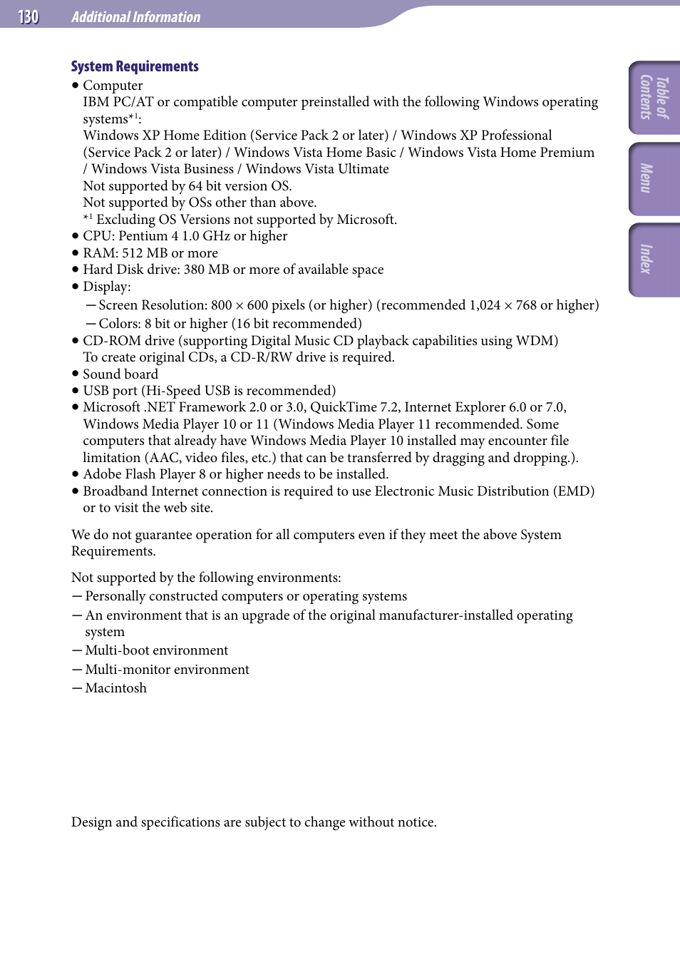 Table of cont ents men u inde x | Sony NWZ-A729BLK User Manual | Page 130 / 133
