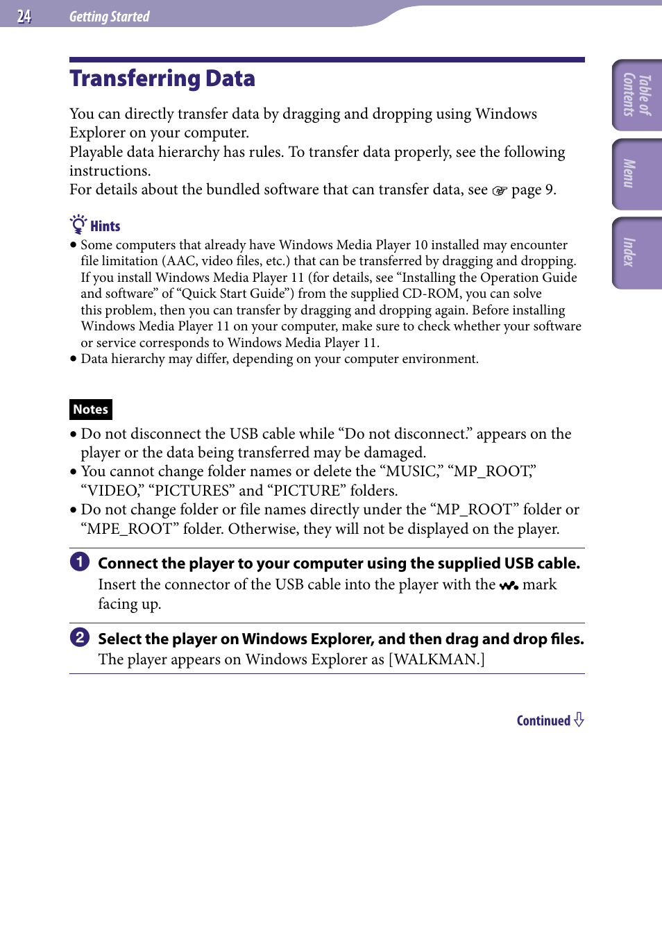 Transferring data | Sony NWZ-A729BLK User Manual | Page 24 / 133
