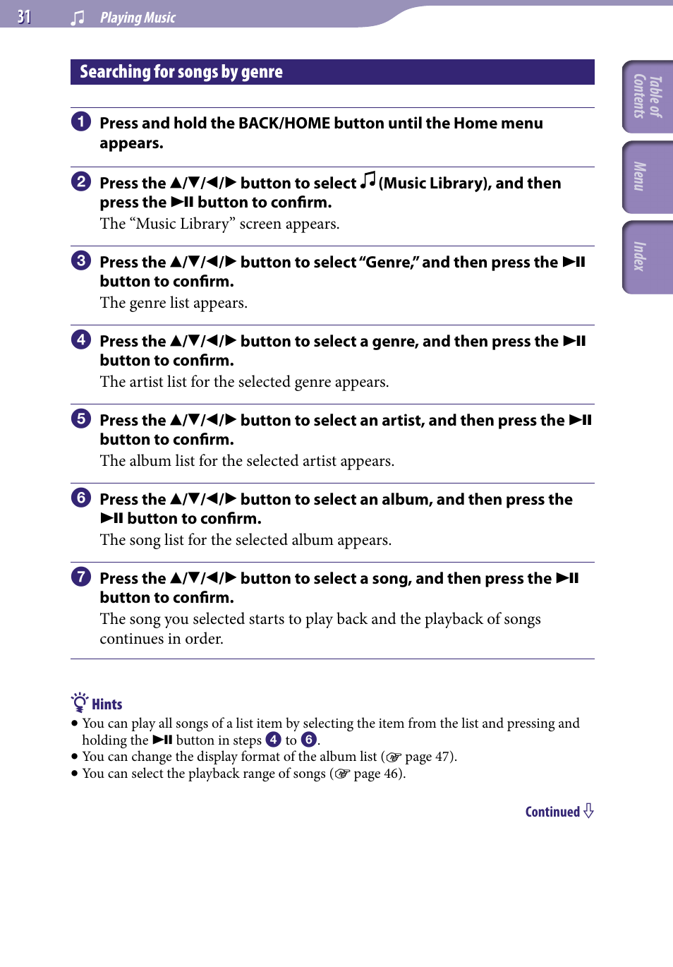 Searching for songs by genre, Genre | Sony NWZ-A729BLK User Manual | Page 31 / 133