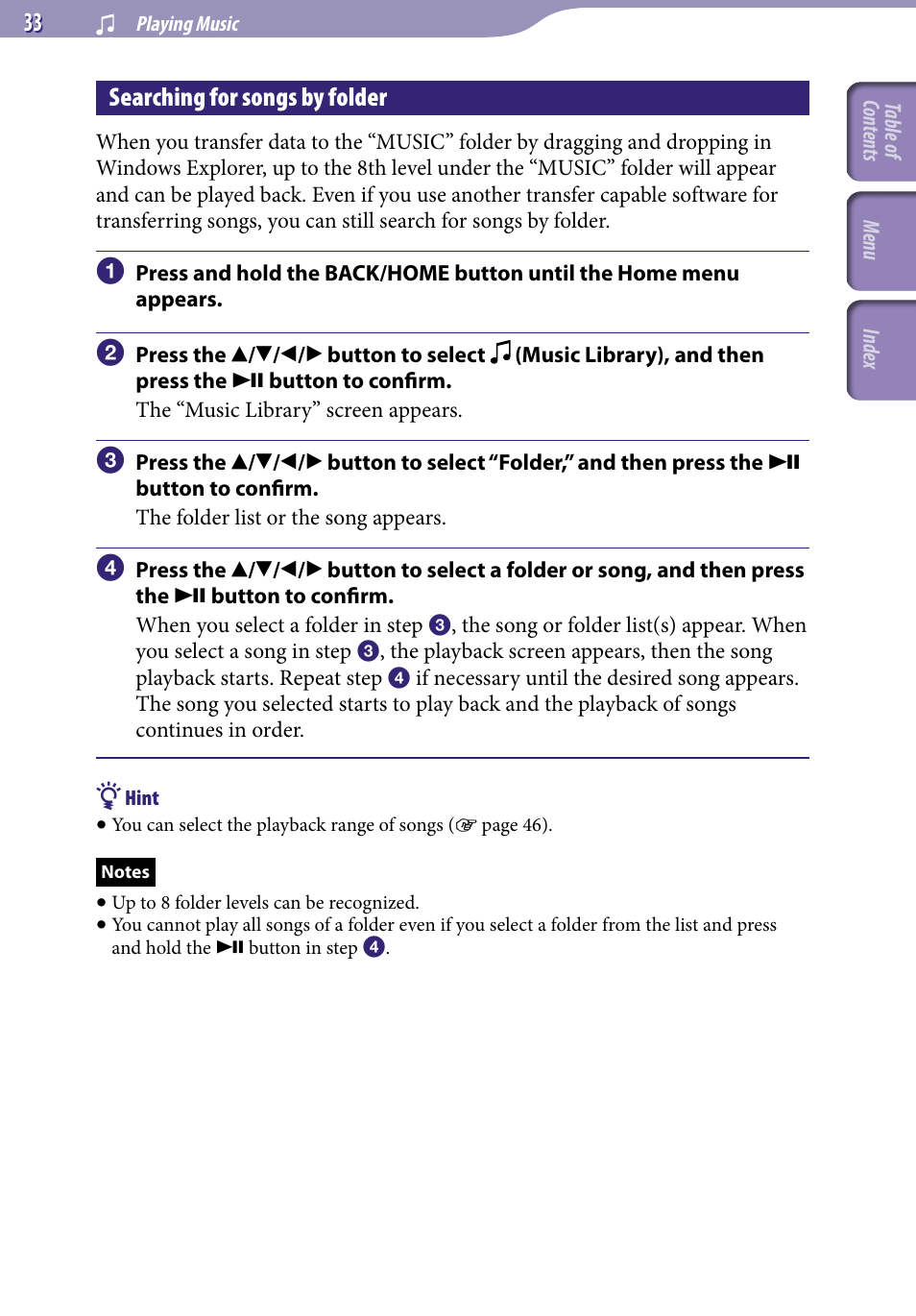 Searching for songs by folder, Folder | Sony NWZ-A729BLK User Manual | Page 33 / 133