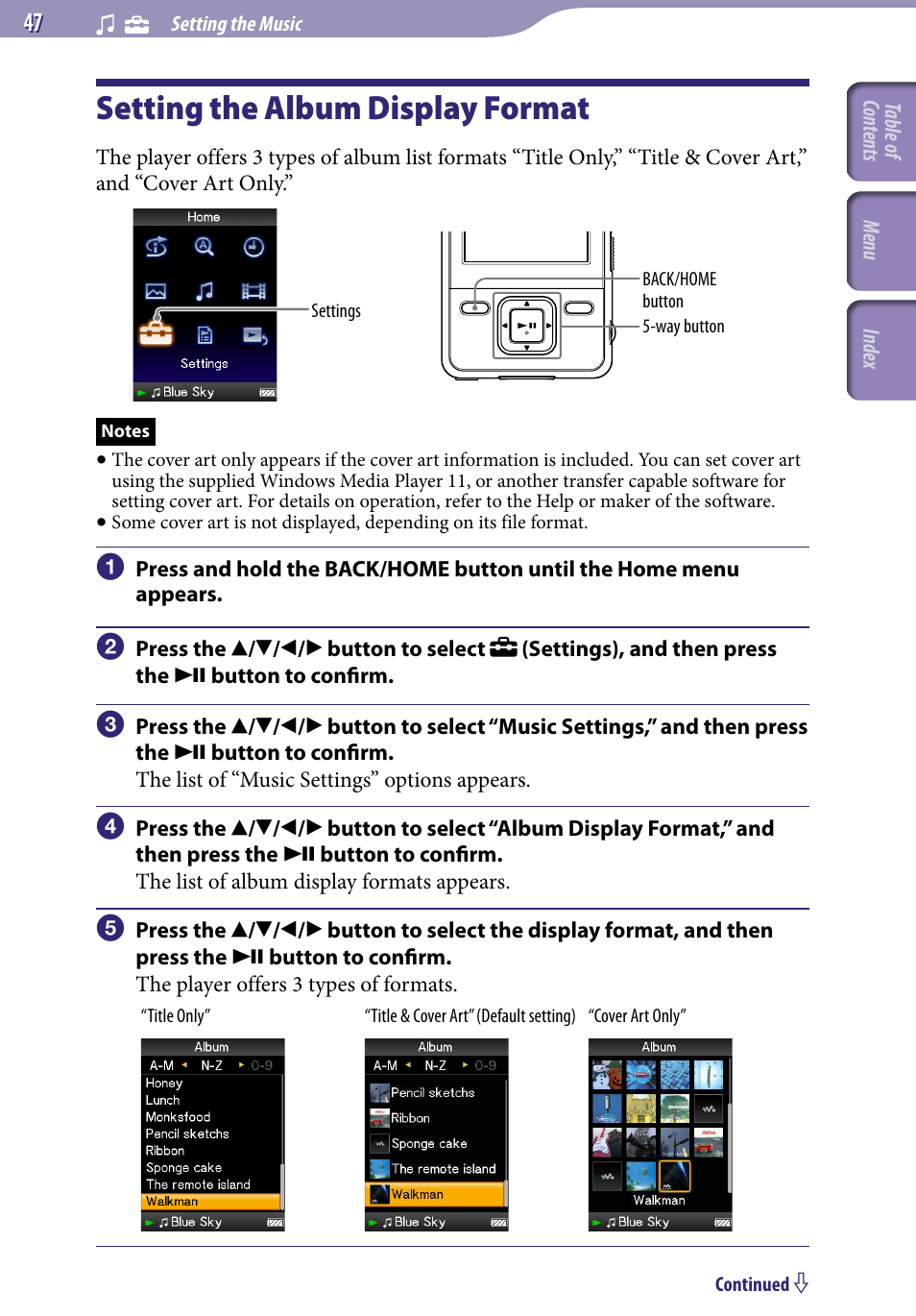 Setting the album display format, Album display format | Sony NWZ-A729BLK User Manual | Page 47 / 133
