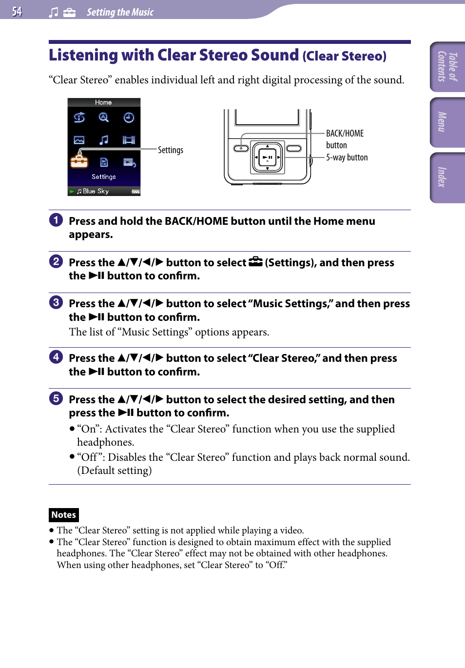 Listening with clear stereo sound (clear stereo), Listening with clear stereo sound, Clear stereo) | Clear stereo | Sony NWZ-A729BLK User Manual | Page 54 / 133