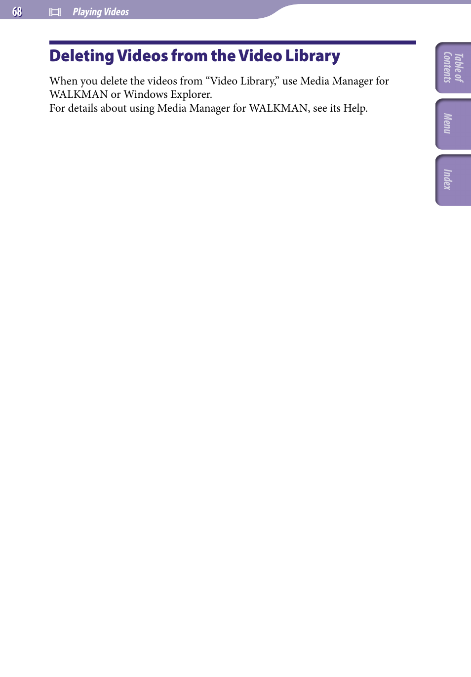 Deleting videos from the video library | Sony NWZ-A729BLK User Manual | Page 68 / 133