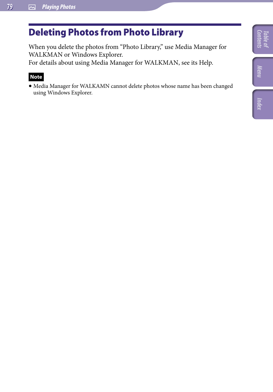 Deleting photos from photo library | Sony NWZ-A729BLK User Manual | Page 79 / 133