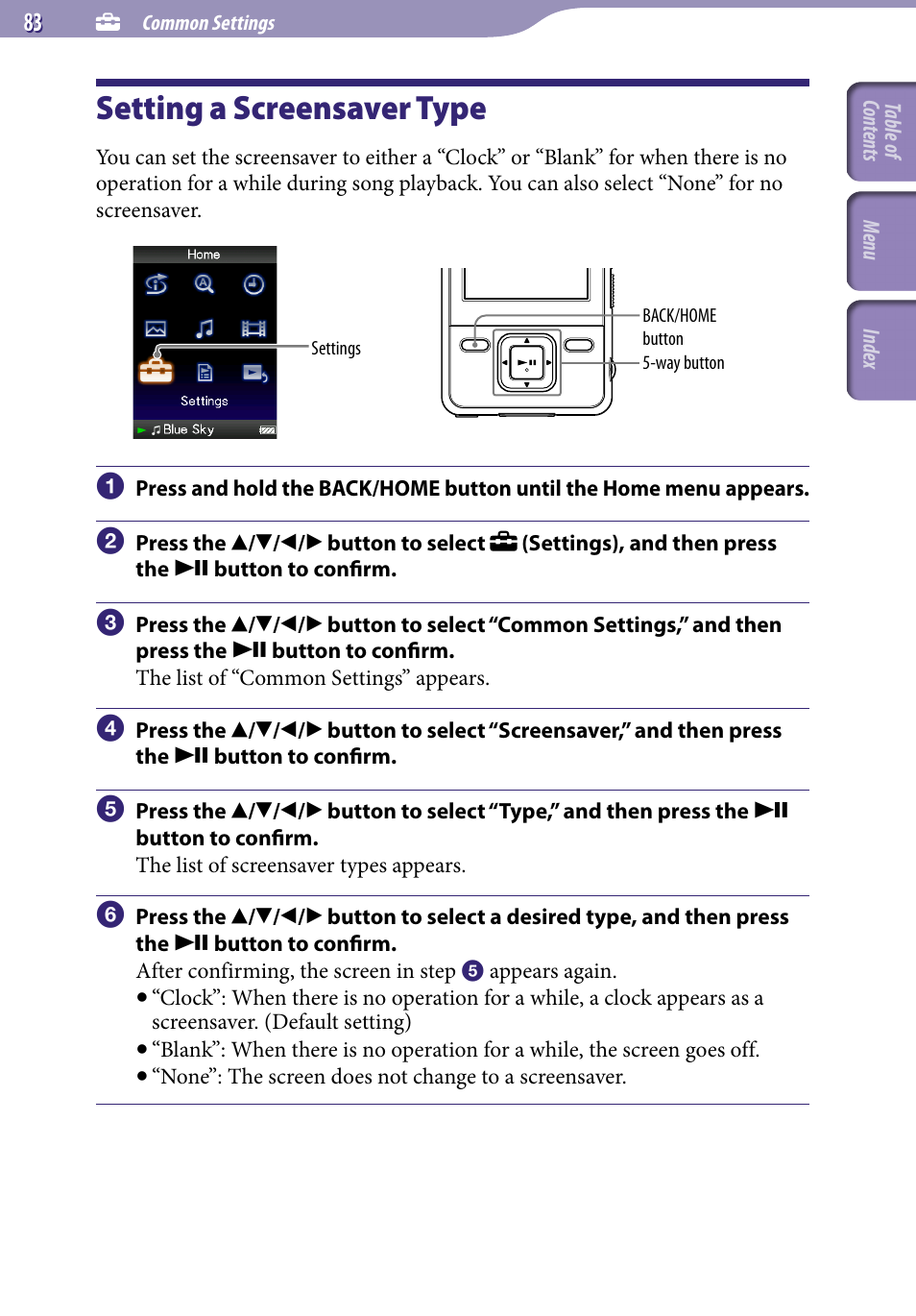 Setting a screensaver type, Screensaver | Sony NWZ-A729BLK User Manual | Page 83 / 133