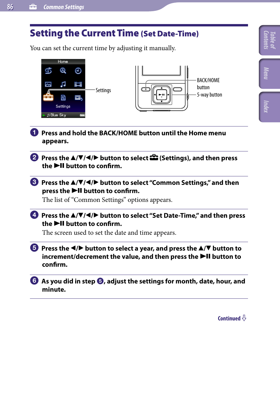 Setting the current time (set date-time), Setting the current time, Set date-time) | Set date-time | Sony NWZ-A729BLK User Manual | Page 86 / 133