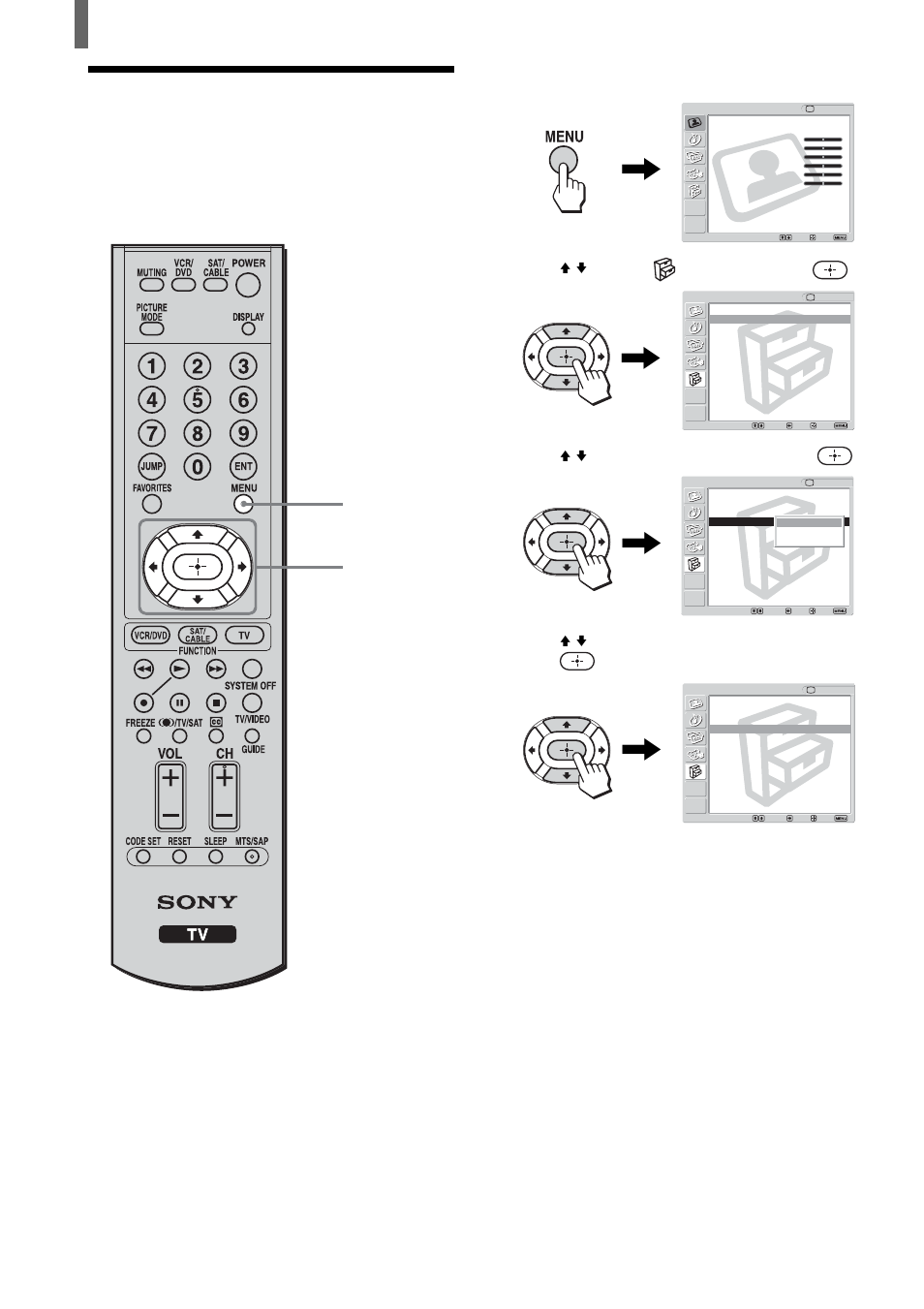 Selecting the on-screen menu language, Press menu, Press v/v to select (setup), then press | Press v/v to select “language,” then press, Press menu to exit the menu screen | Sony KLV-21SR2 User Manual | Page 22 / 60