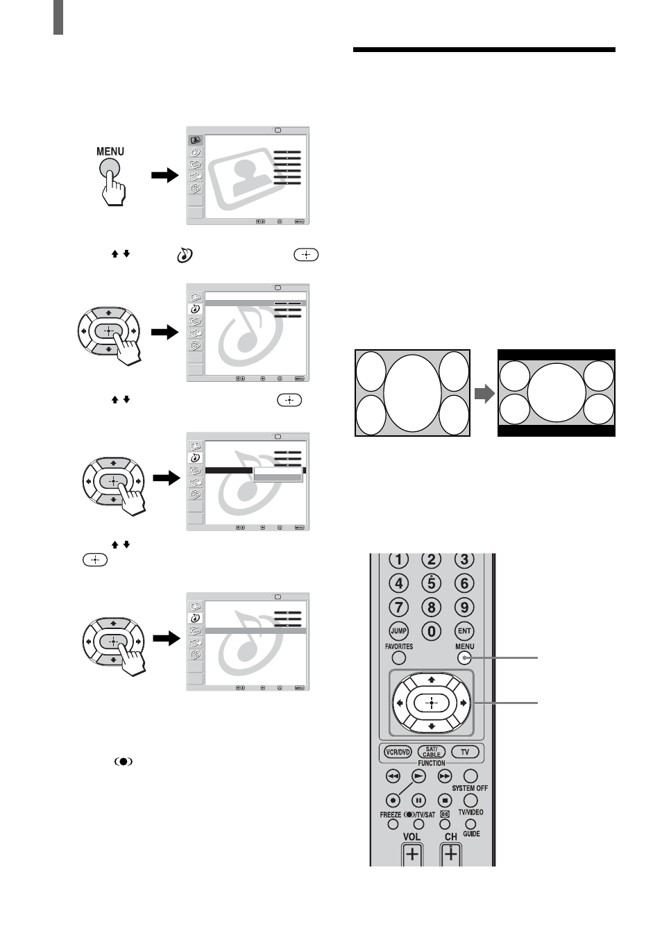 Using the 16:9 enhanced feature, Press menu, Press v/v to select (audio), then press | Press v/v to select “effect,” then press, Press v/v to select “srs wow,” then press, Press menu to exit the menu screen | Sony KLV-21SR2 User Manual | Page 26 / 60
