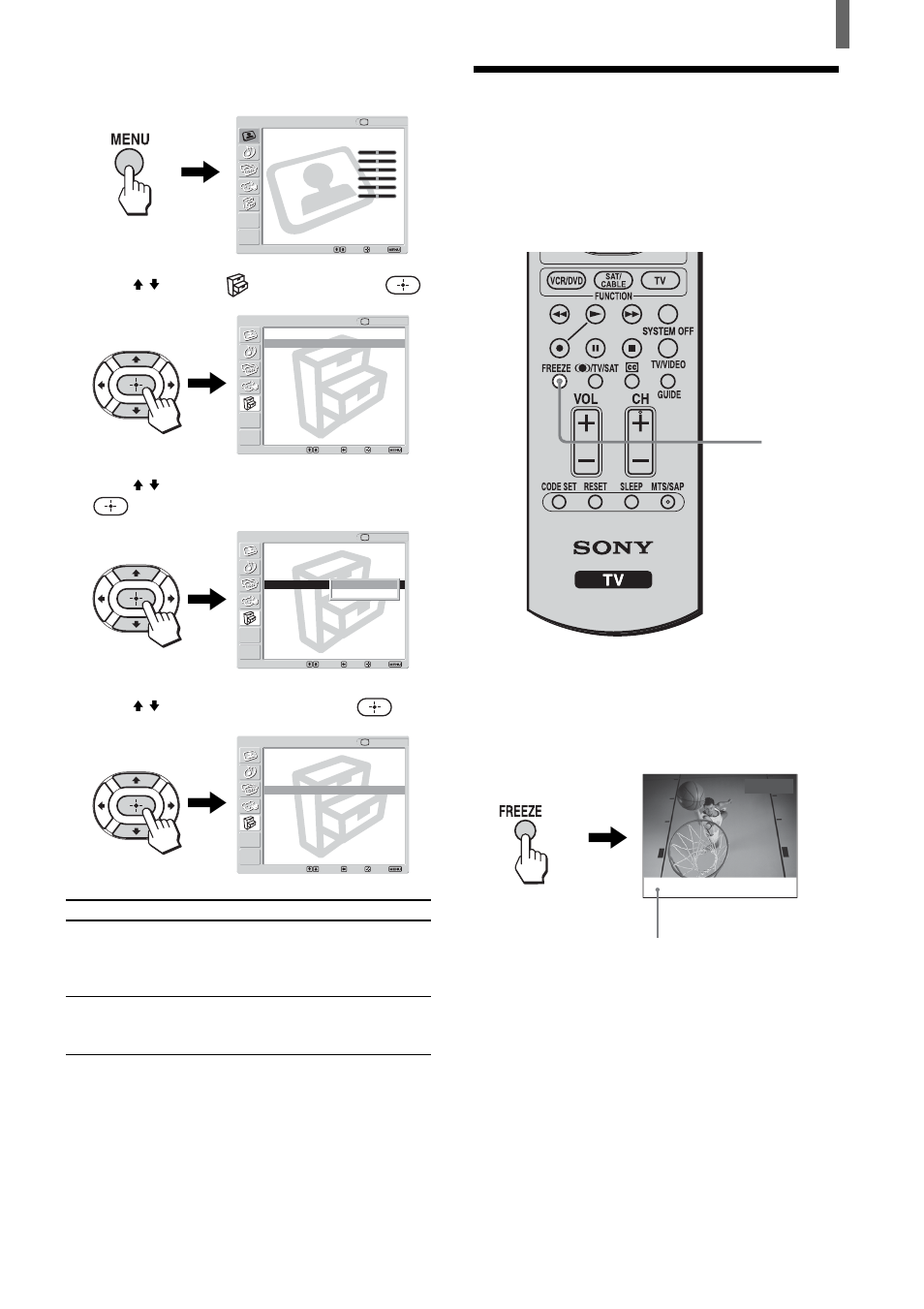 Using the freeze function, Press menu, Press v/v to select (setup), then press | Press v/v to select “16:9 enhanced,” then press, Press v/v to select “auto,” then press, Press menu to exit the menu screen, Tips | Sony KLV-21SR2 User Manual | Page 27 / 60