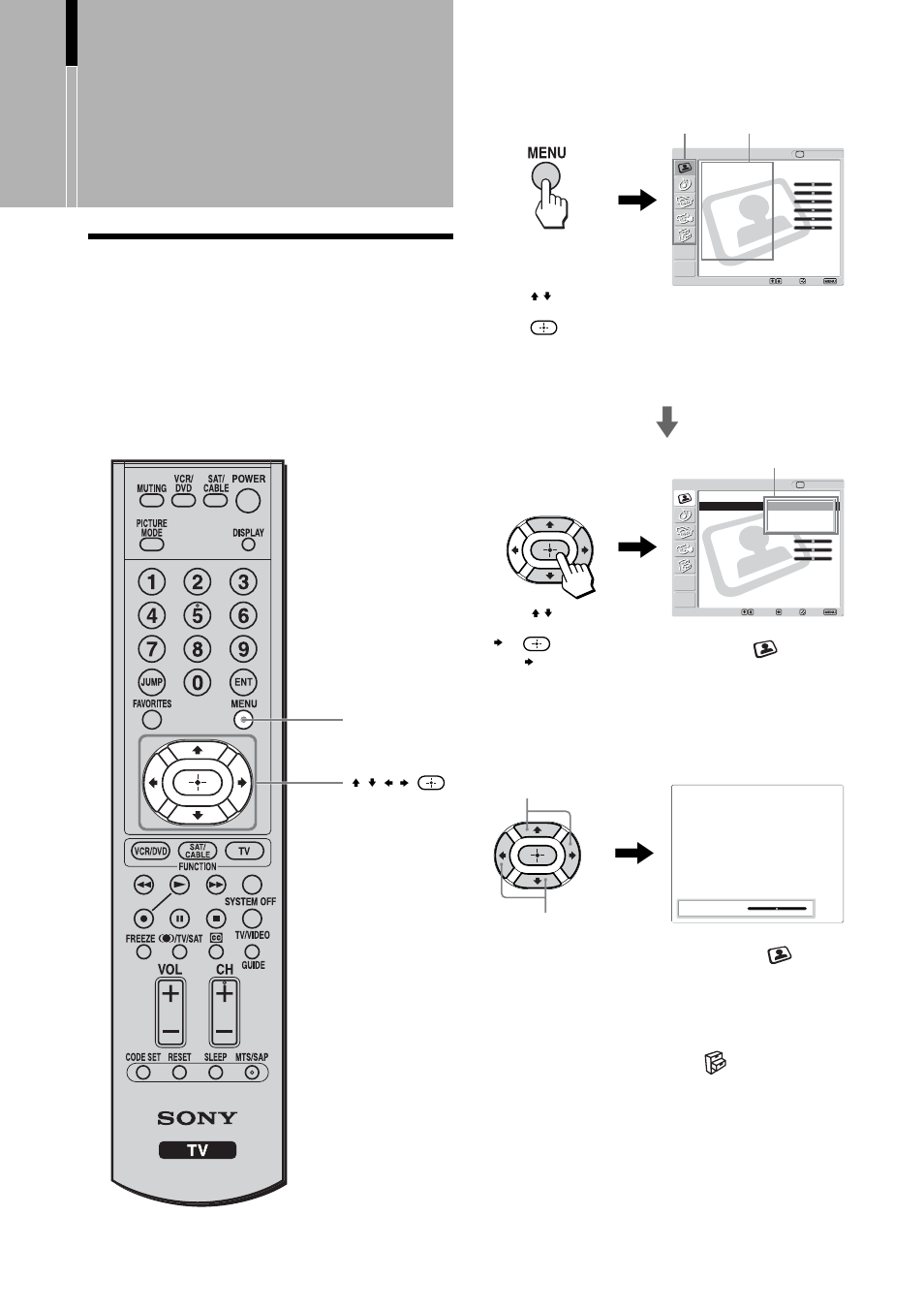 Using advanced features, Using the menu | Sony KLV-21SR2 User Manual | Page 36 / 60