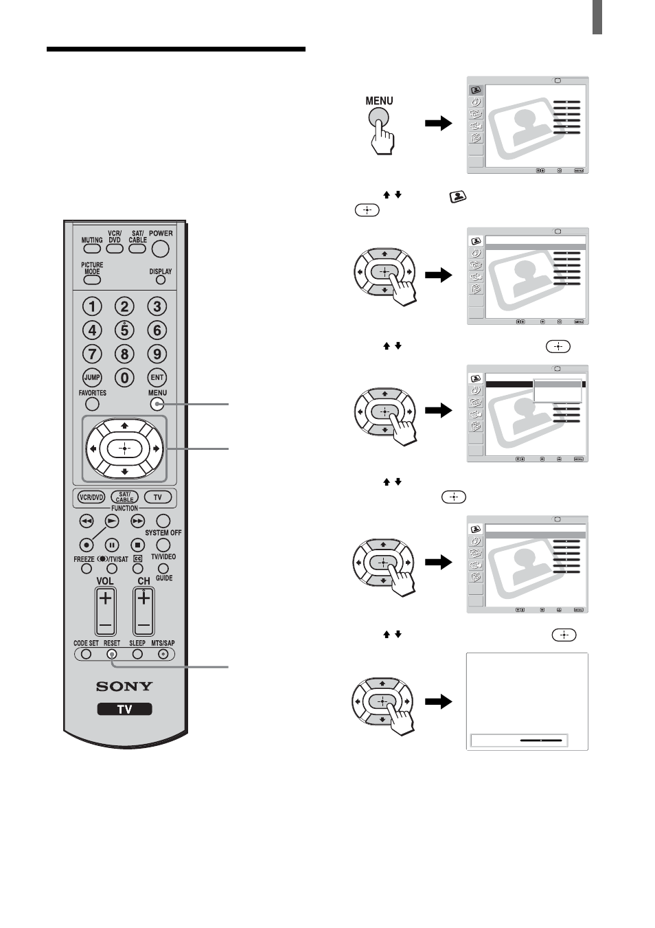 Adjusting the picture quality, Press menu, Press v/v to select (video), then press | Press v/v to select “mode,” then press, Press v/v to select “picture,” then press, Continued) | Sony KLV-21SR2 User Manual | Page 37 / 60