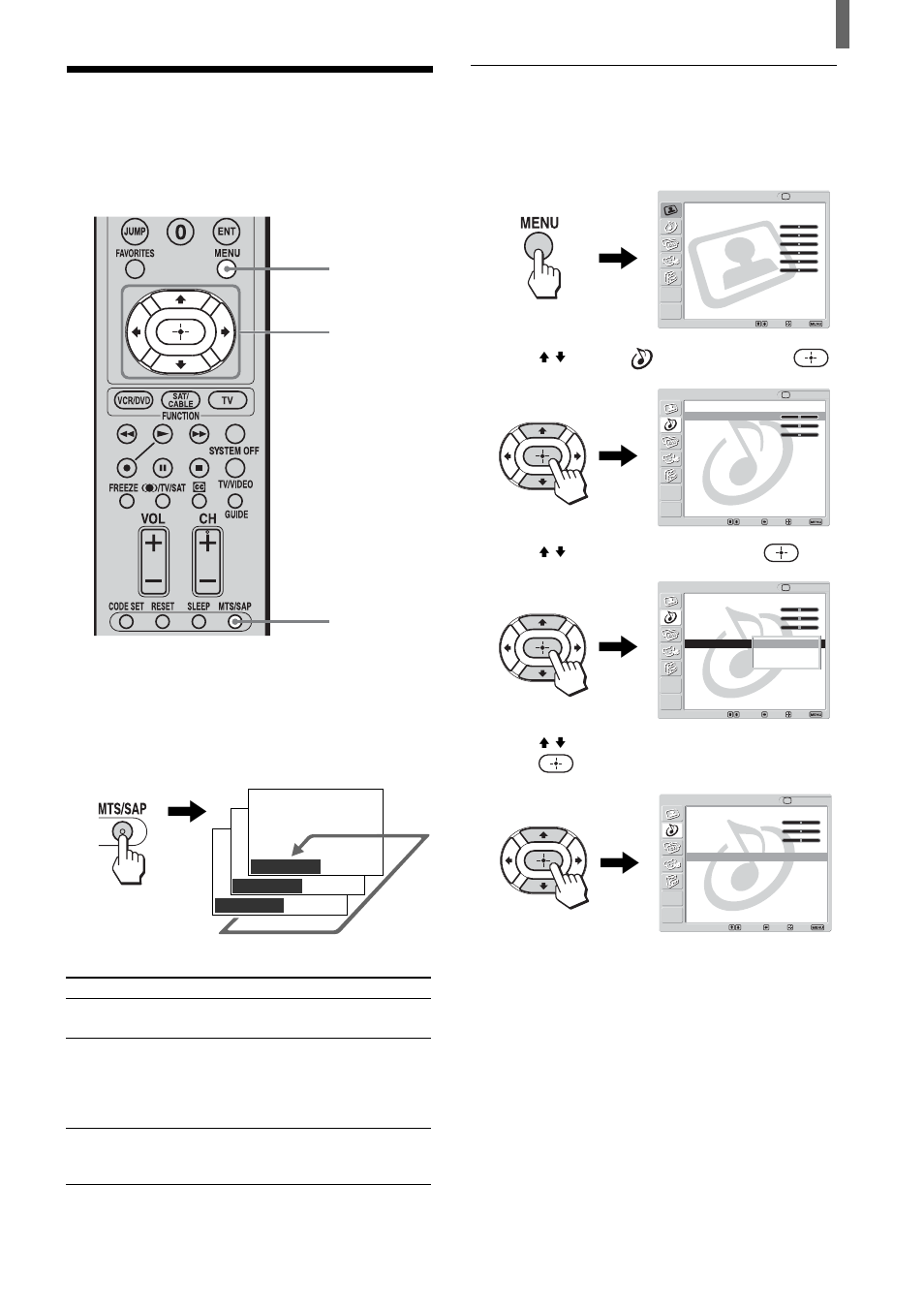Selecting stereo or bilingual programs, You can enjoy stereo, bilingual and mono programs, Press menu | Press v/v to select (audio), then press, Press v/v to select “mts,” then press, Press menu to exit the menu screen | Sony KLV-21SR2 User Manual | Page 41 / 60