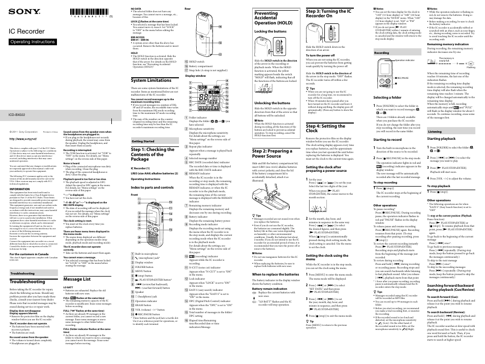 Sony ICD-BX022 User Manual | 2 pages