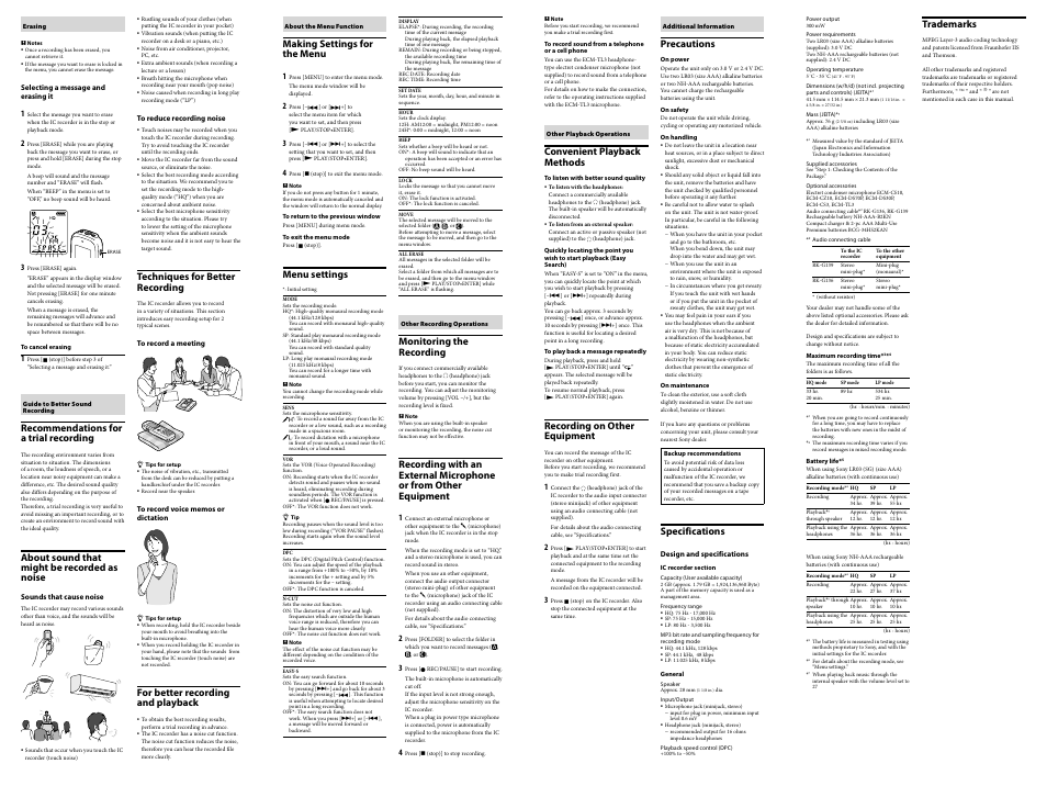 Recommendations for a trial recording, About sound that might be recorded as noise, Techniques for better recording | For better recording and playback, Making settings for the menu, Menu settings, Monitoring the recording, Convenient playback methods, Recording on other equipment, Precautions | Sony ICD-BX022 User Manual | Page 2 / 2