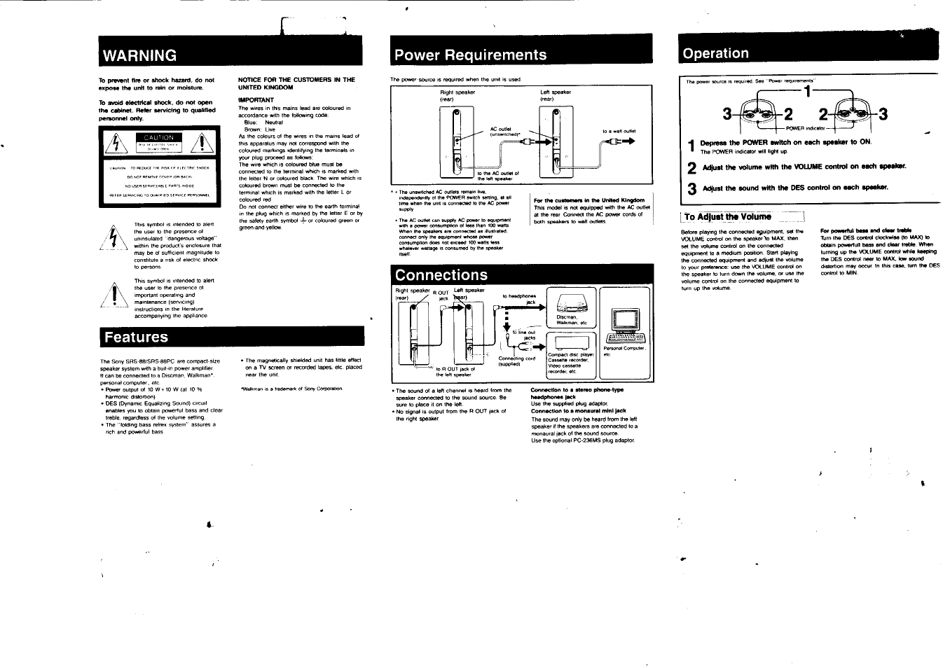 Warning, Power requirements, Features | Connections, Operation, Warning power requirements | Sony SRS-88PC User Manual | Page 2 / 2