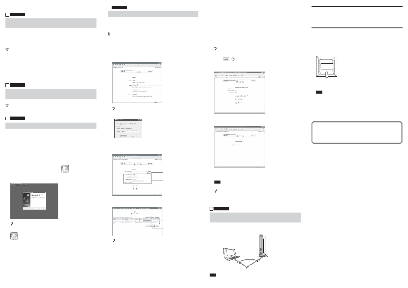 Configuration with the utility software, If you change the access point settings, Reset to factory defaults | Installing the utility software, Configuring the wireless lan converter | Sony PCWA-DE80 User Manual | Page 2 / 2