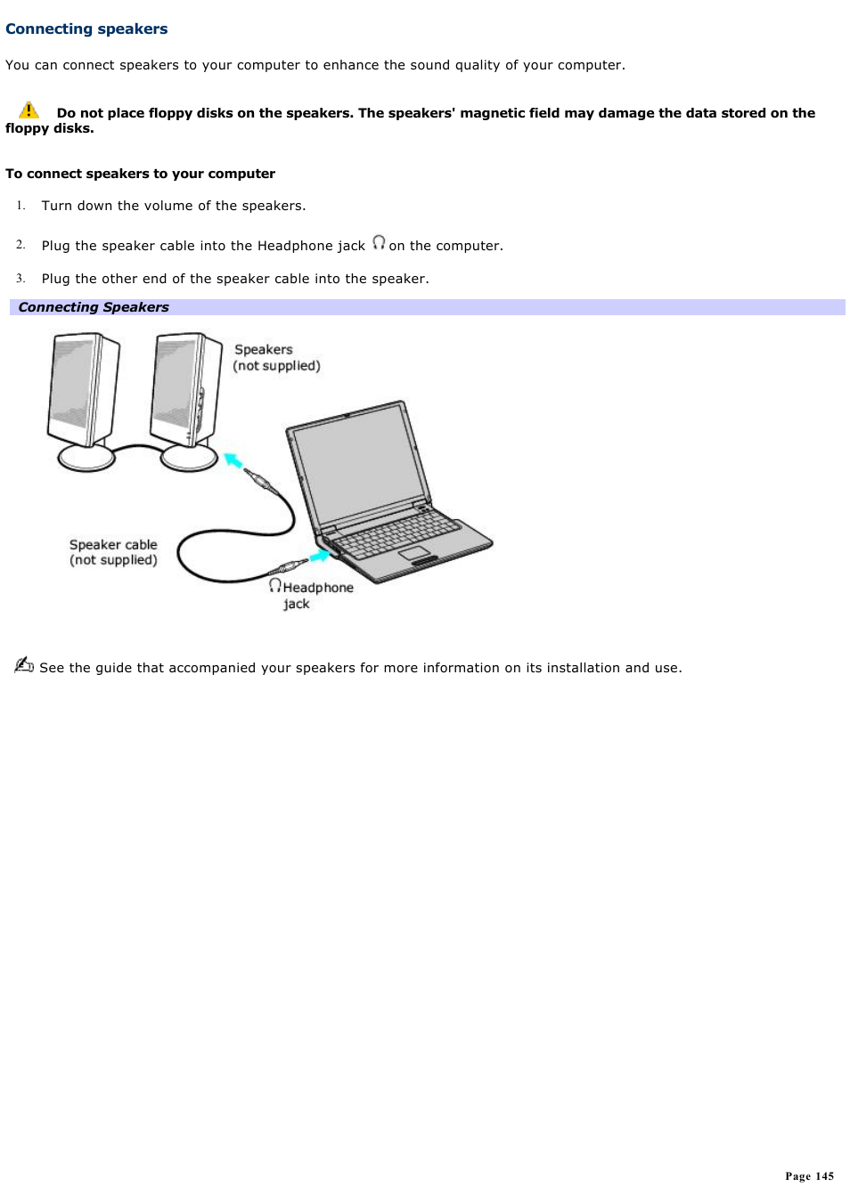 Connecting speakers | Sony PCG-Z1WAMP3 User Manual | Page 145 / 171