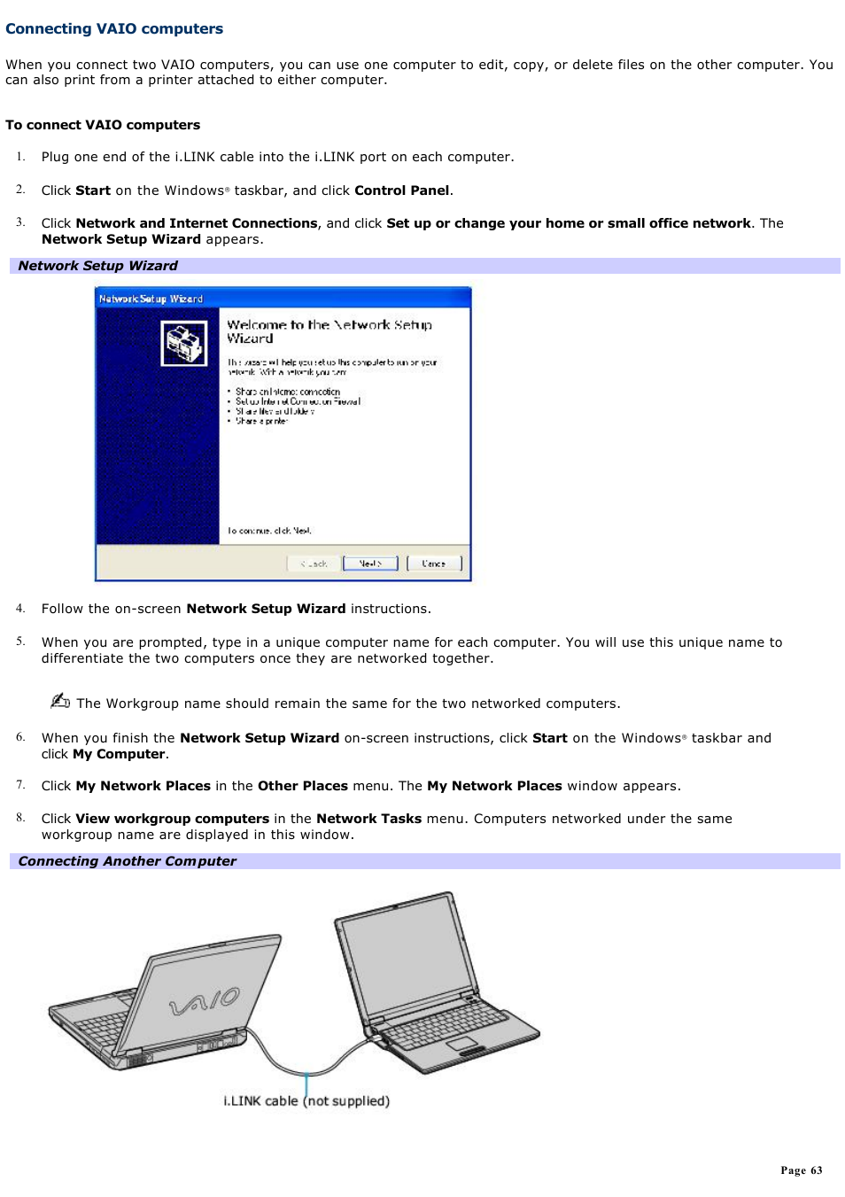 Connecting vaio computers | Sony PCG-Z1WAMP3 User Manual | Page 63 / 171
