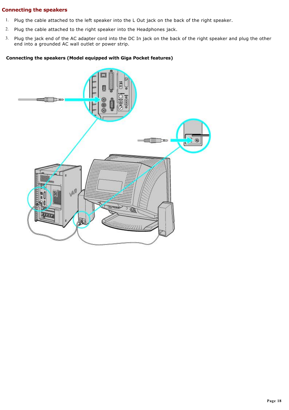 Connecting the speakers | Sony PCV-RX690G User Manual | Page 18 / 84