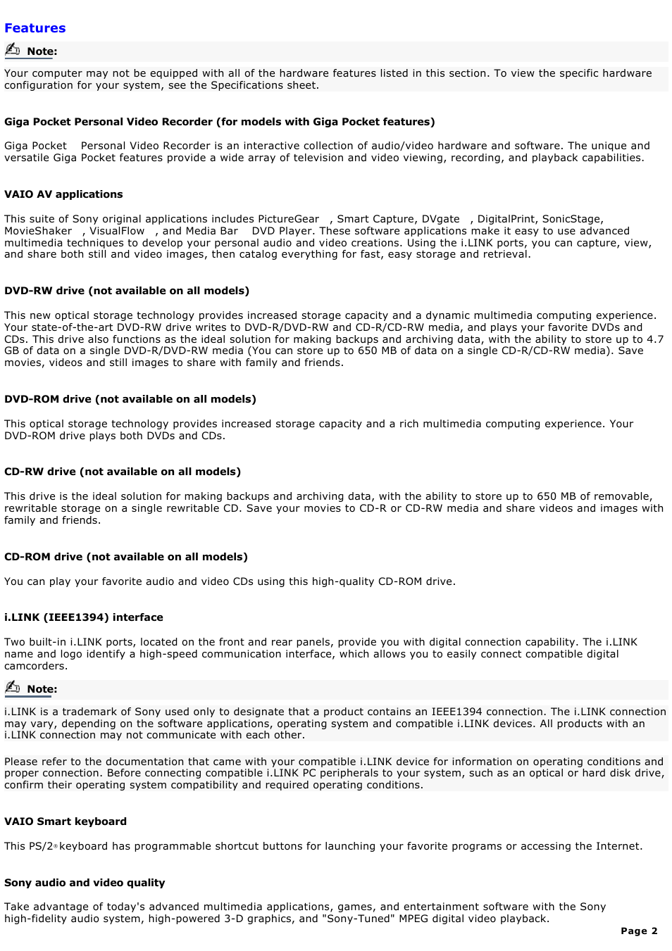 Features | Sony PCV-RX690G User Manual | Page 2 / 84