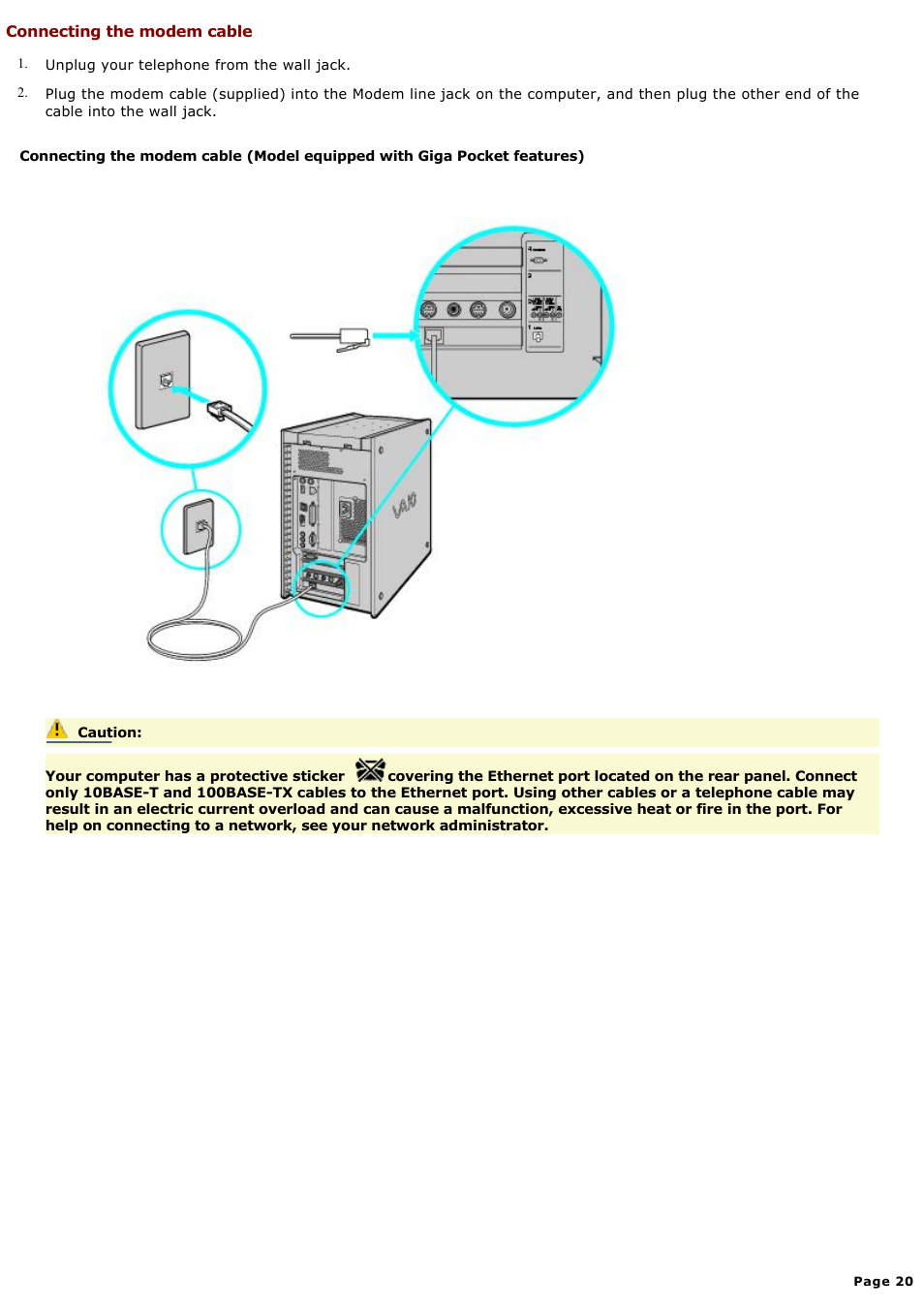 Connecting the modem cable | Sony PCV-RX690G User Manual | Page 20 / 84