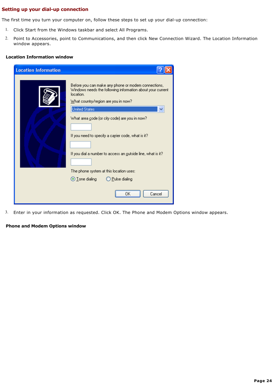 Setting up your dial-up connection | Sony PCV-RX690G User Manual | Page 24 / 84