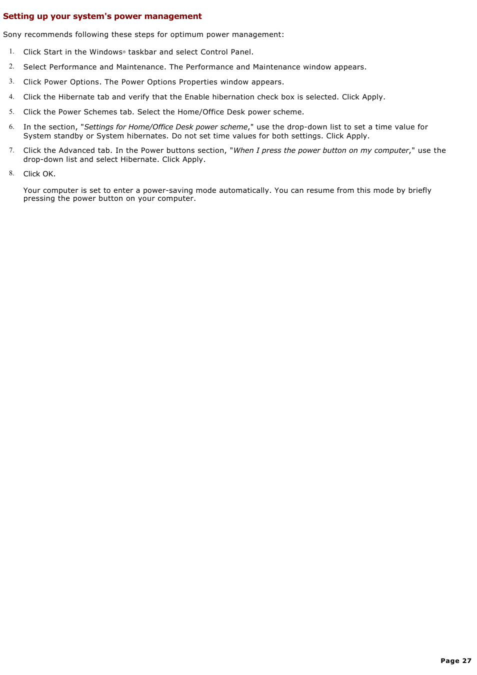 Setting up your system's power management | Sony PCV-RX690G User Manual | Page 27 / 84