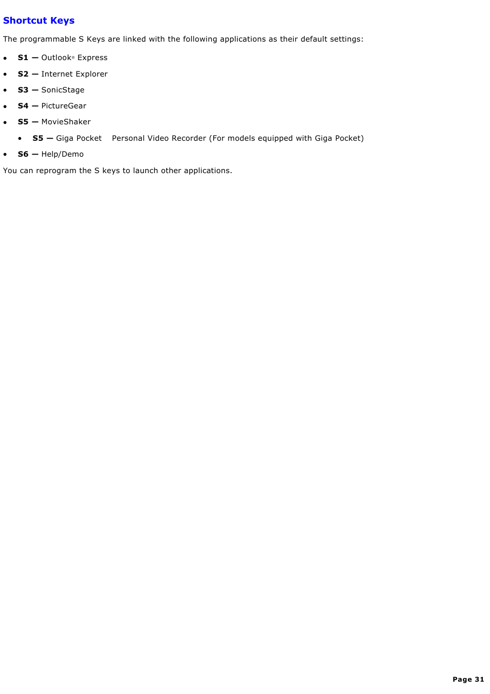 Shortcut keys | Sony PCV-RX690G User Manual | Page 31 / 84