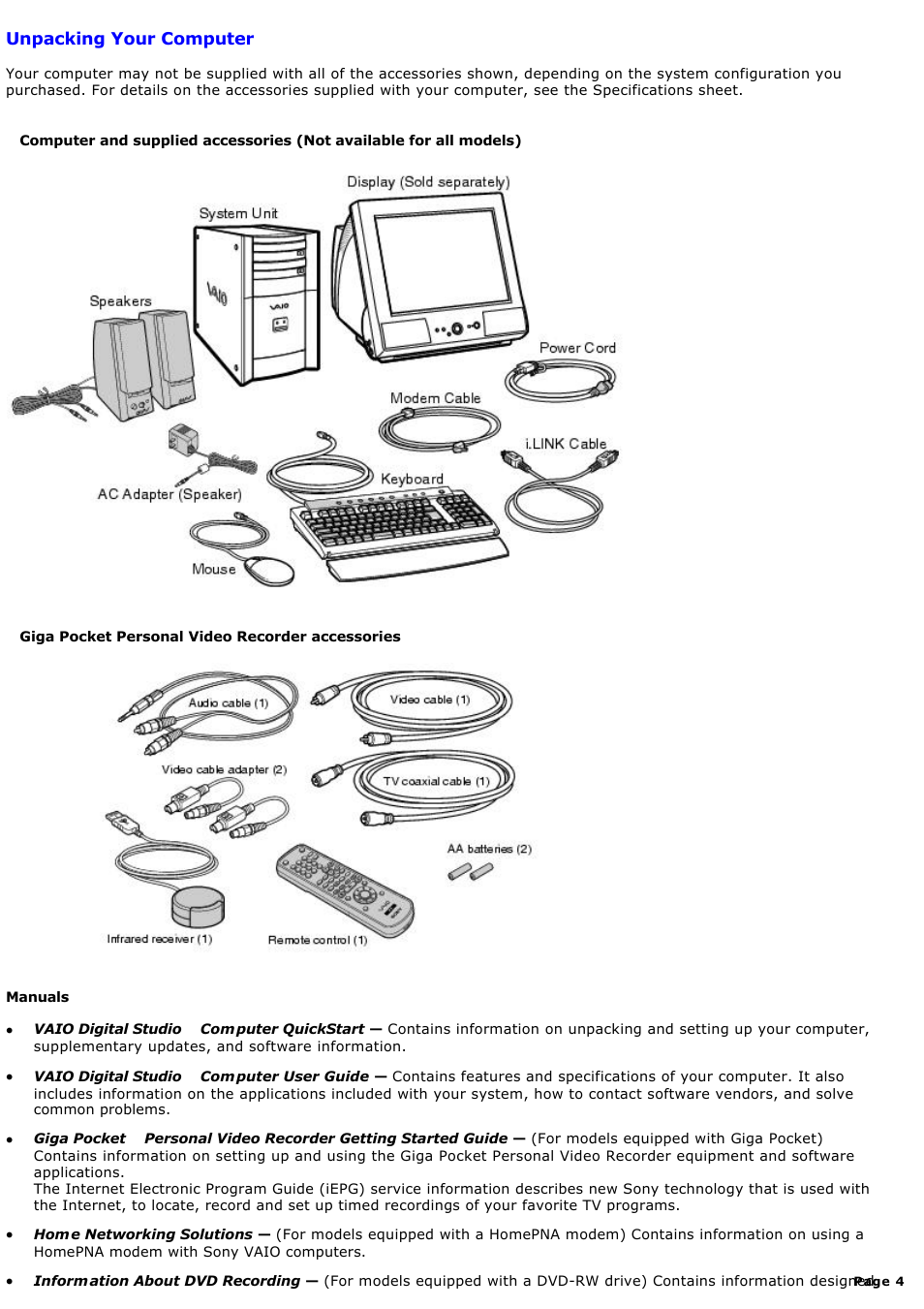 Unpacking your computer | Sony PCV-RX690G User Manual | Page 4 / 84