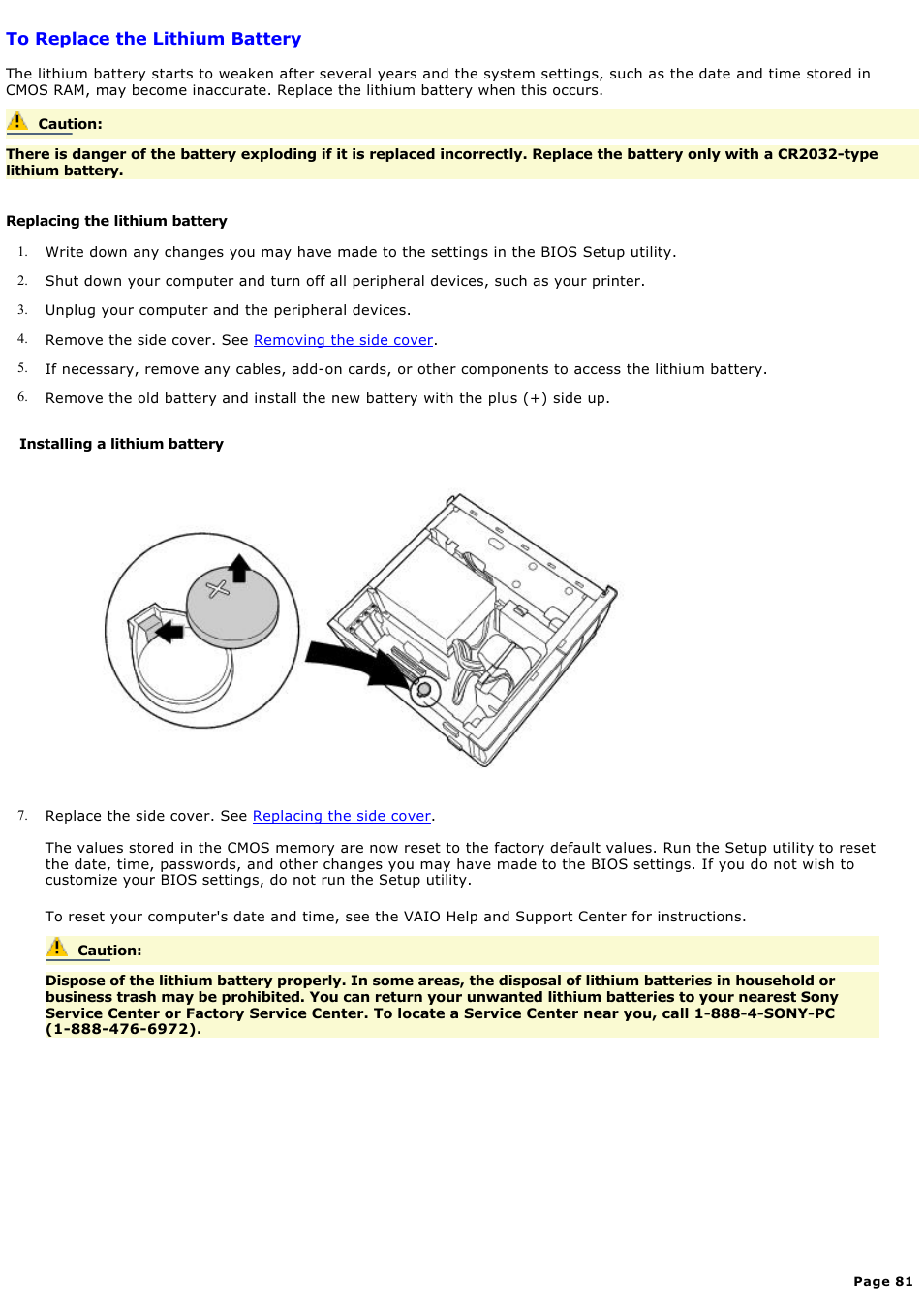 To replace the lithium battery | Sony PCV-RX690G User Manual | Page 81 / 84