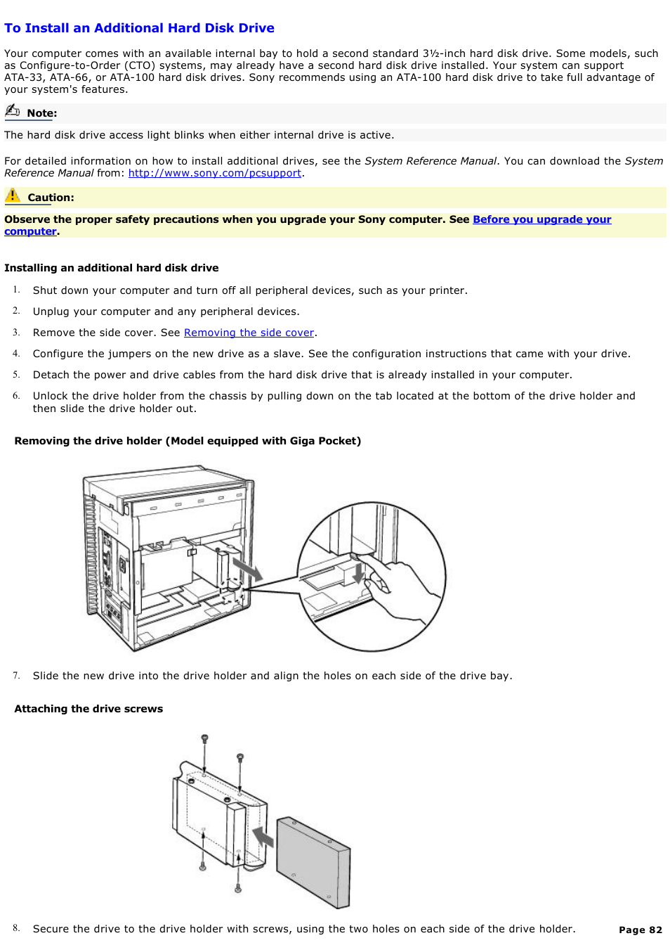 To install an additional hard disk drive | Sony PCV-RX690G User Manual | Page 82 / 84