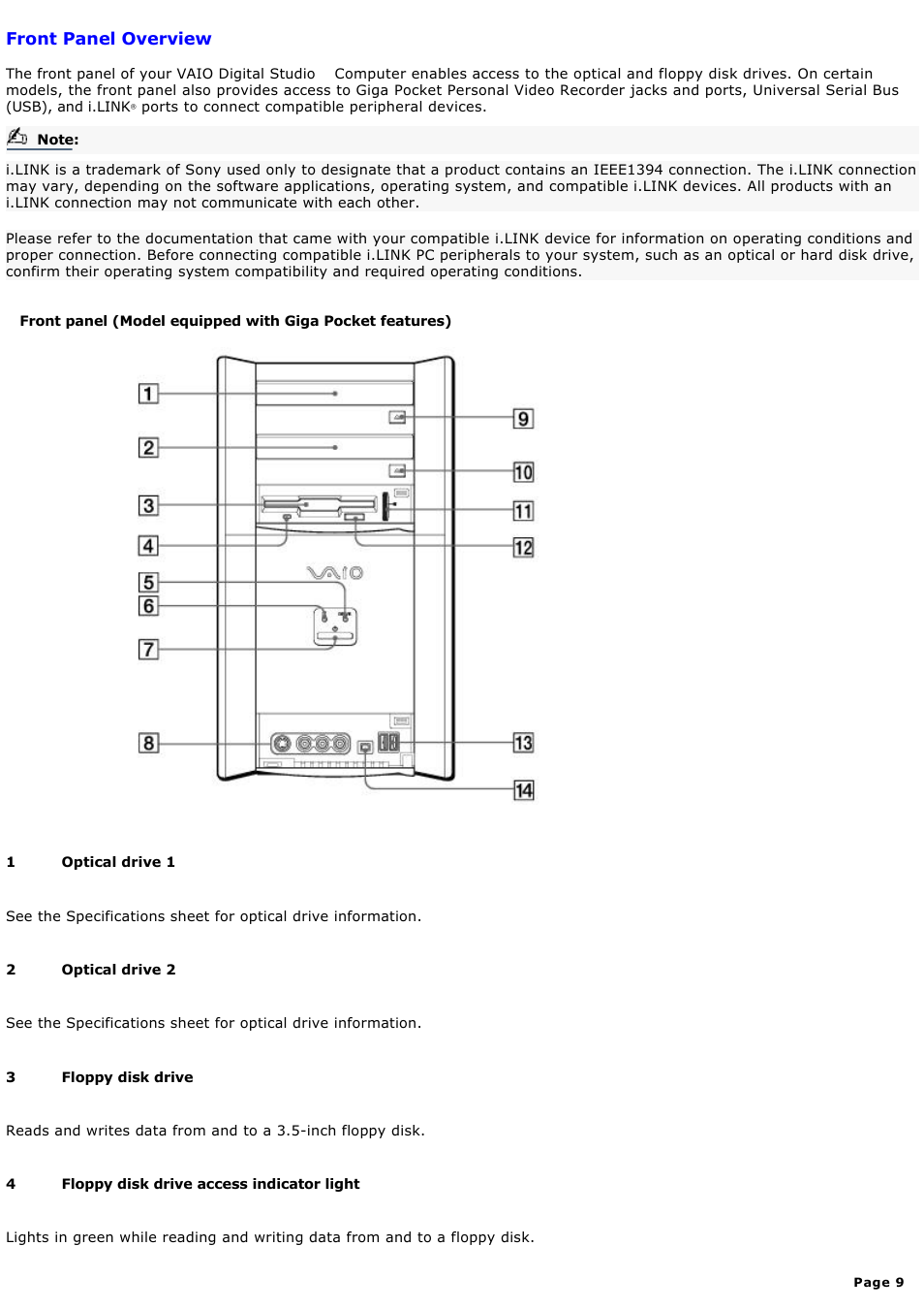 Front panel overview | Sony PCV-RX690G User Manual | Page 9 / 84