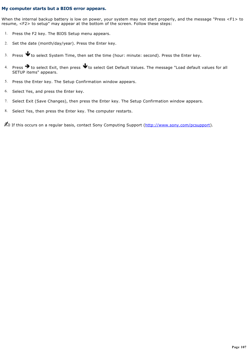 My computer starts but a bios error appears | Sony PCG-R505ELP User Manual | Page 107 / 156