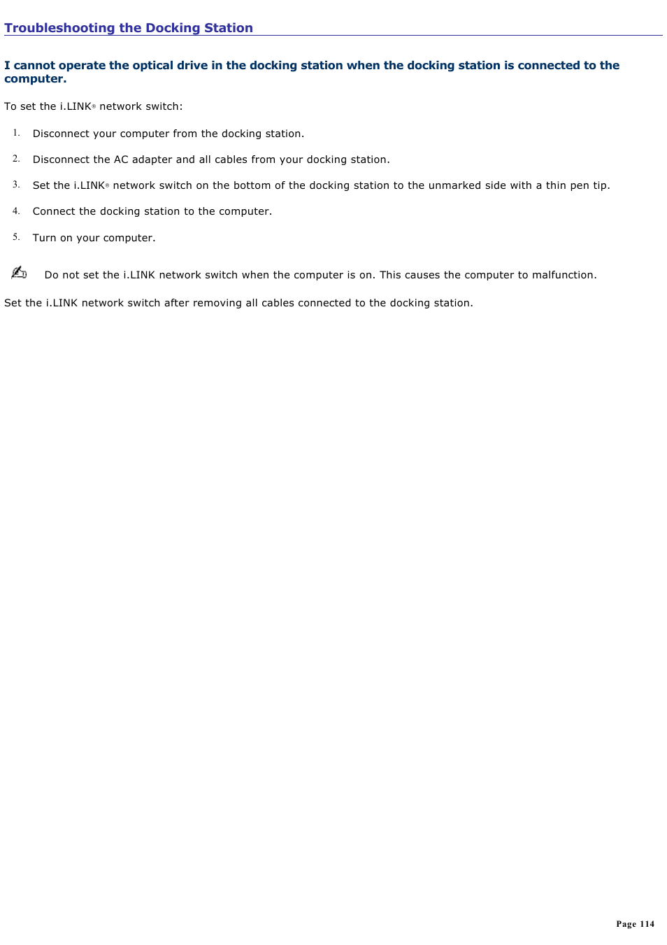 Troubleshooting the docking station | Sony PCG-R505ELP User Manual | Page 114 / 156