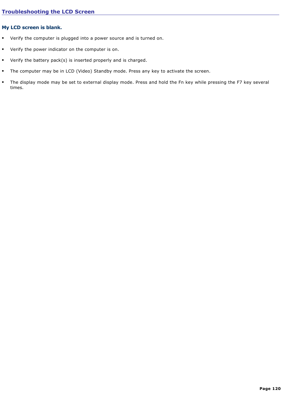 My lcd screen is blank | Sony PCG-R505ELP User Manual | Page 120 / 156