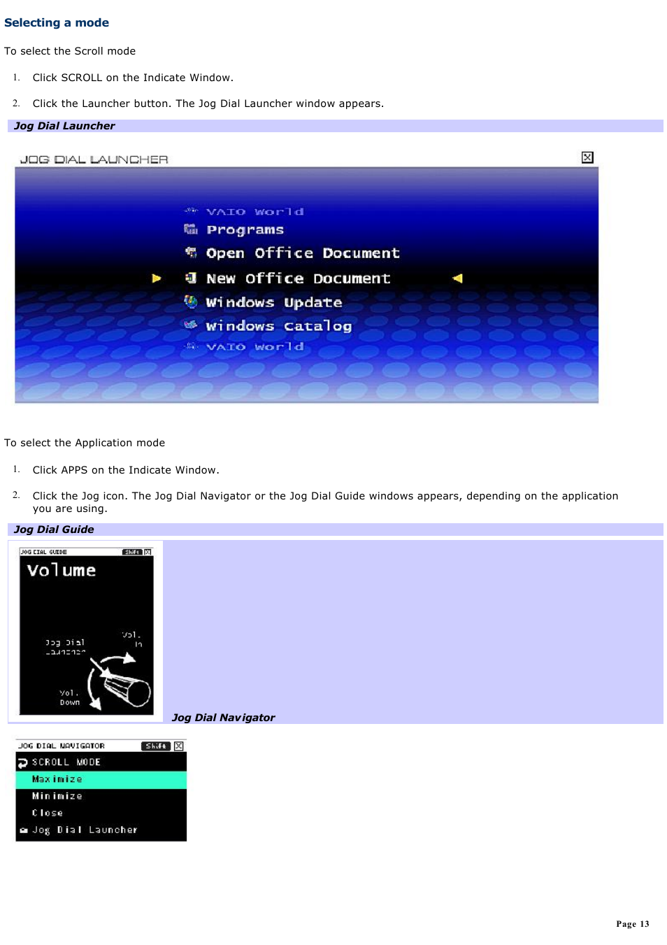Selecting a mode | Sony PCG-R505ELP User Manual | Page 13 / 156