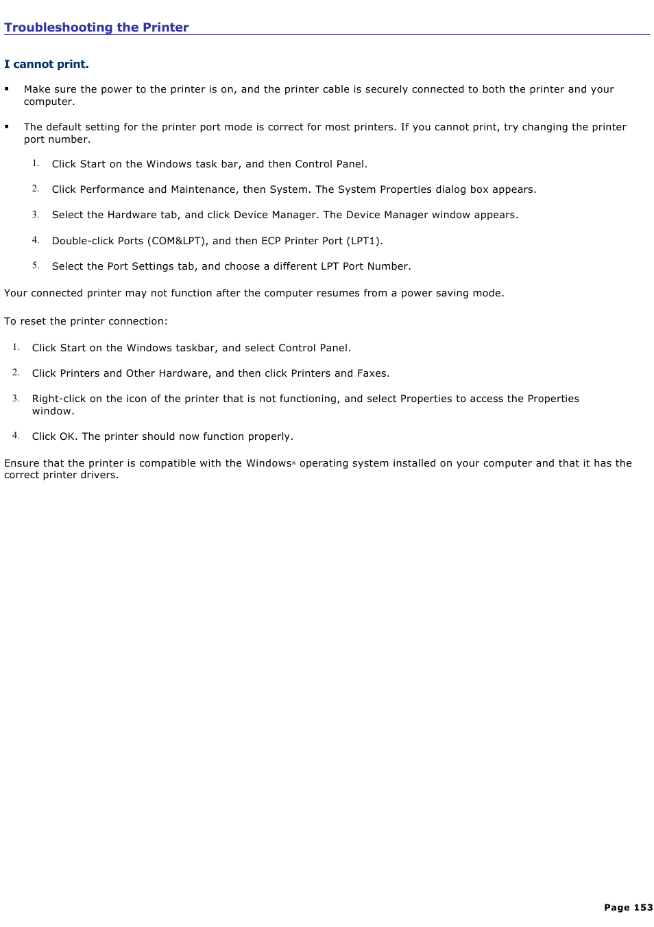 Troubleshooting the printer | Sony PCG-R505ELP User Manual | Page 153 / 156