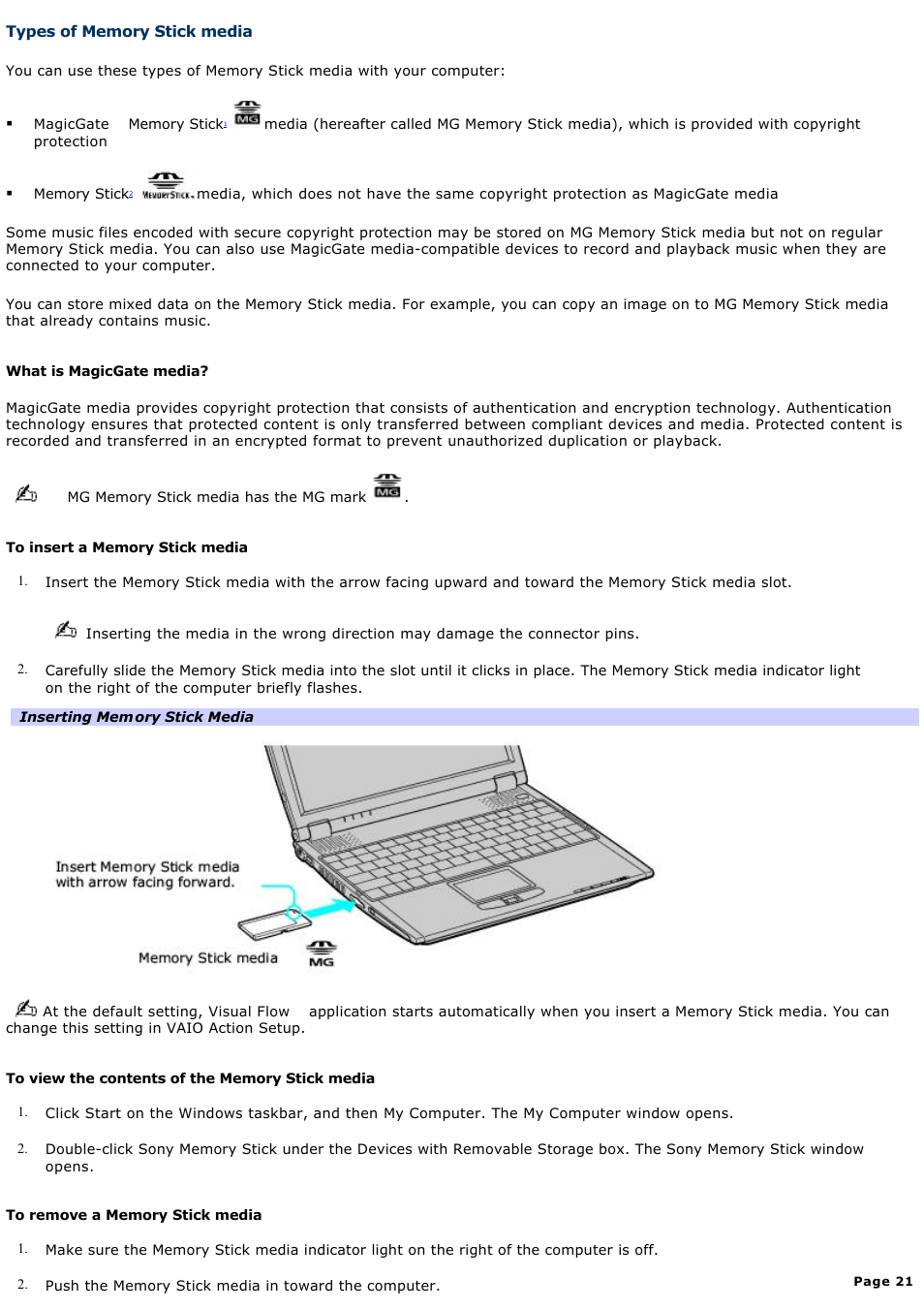 Types of memory stick media | Sony PCG-R505ELP User Manual | Page 21 / 156