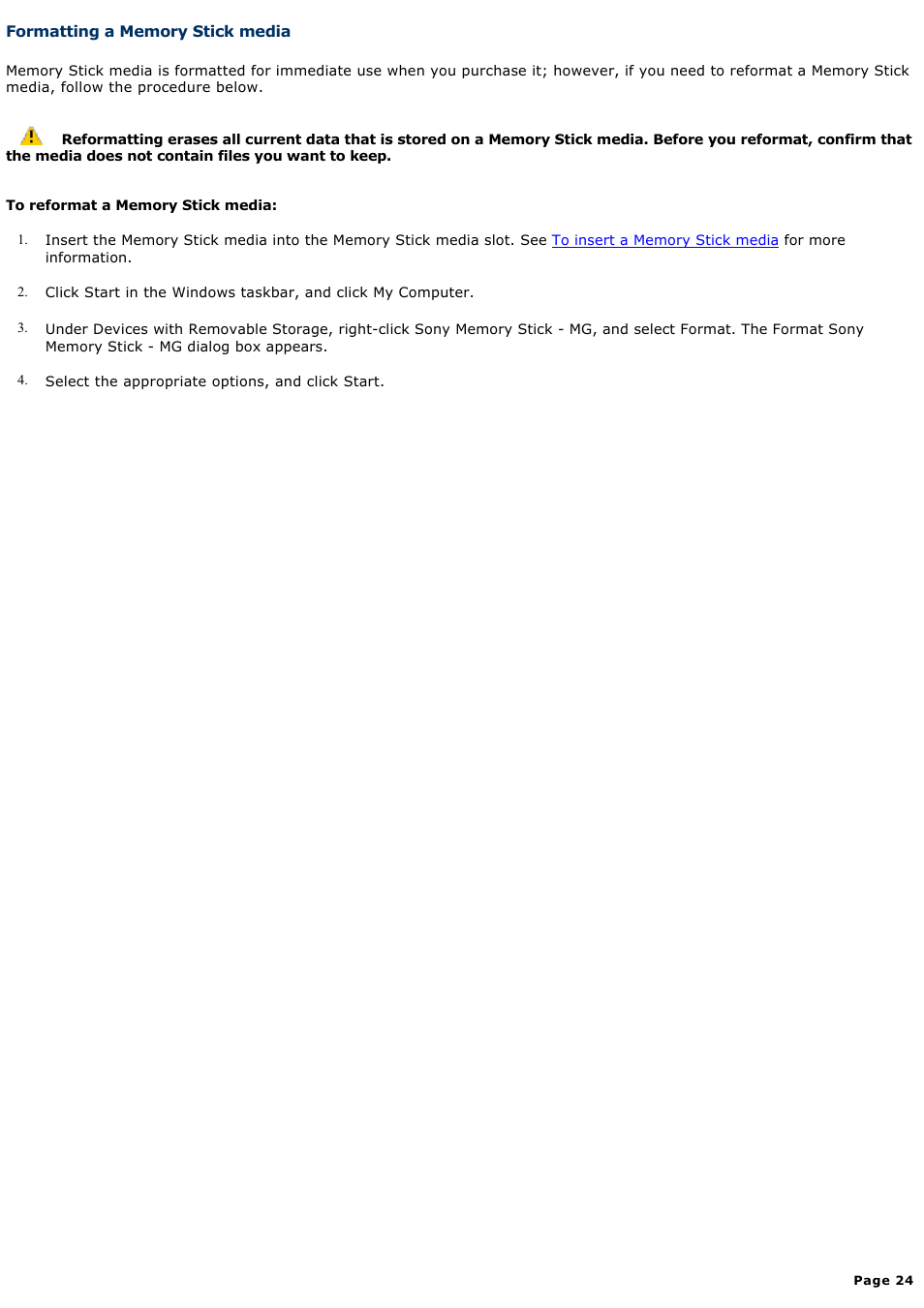 Formatting a memory stick media | Sony PCG-R505ELP User Manual | Page 24 / 156