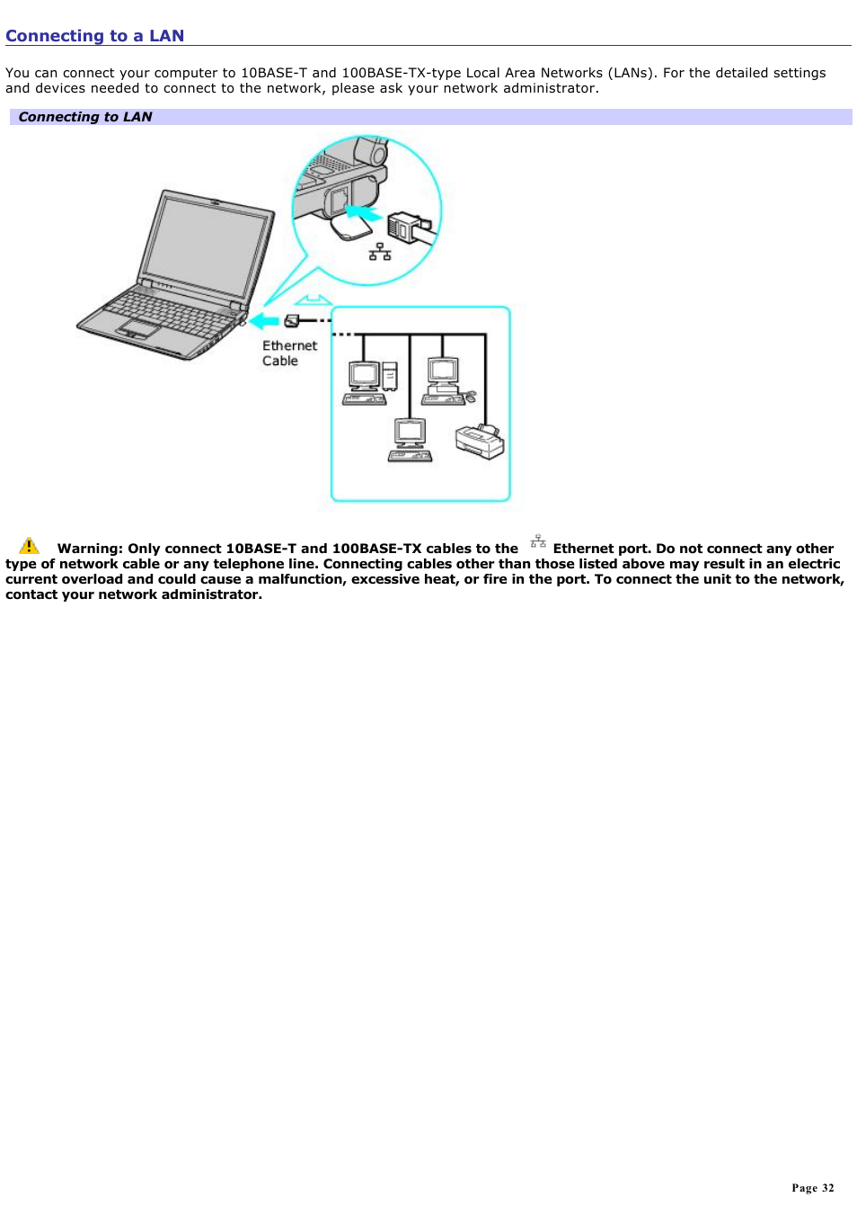 Connecting to a lan | Sony PCG-R505ELP User Manual | Page 32 / 156