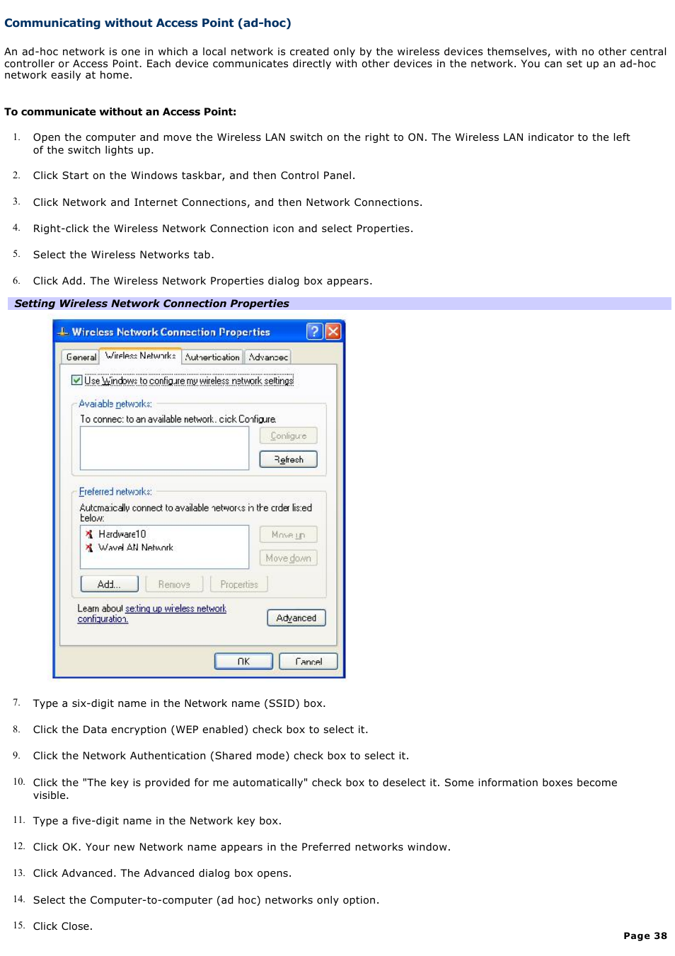 Communicating without access point (ad-hoc) | Sony PCG-R505ELP User Manual | Page 38 / 156