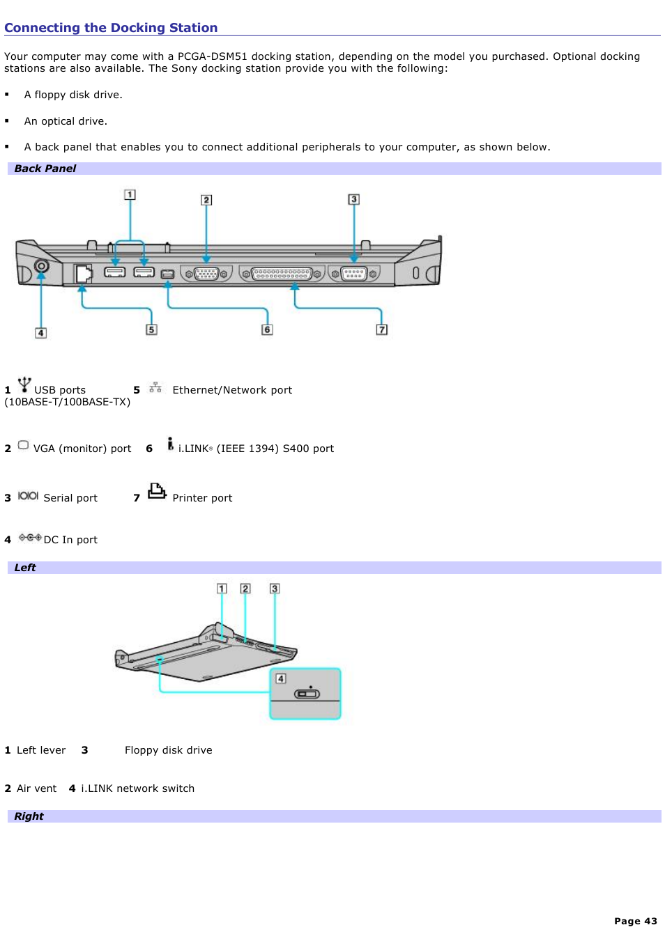 Connecting the docking station | Sony PCG-R505ELP User Manual | Page 43 / 156